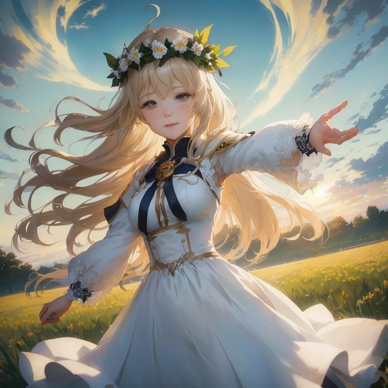 anime girl in white dress with flower crown in field, anime goddess, cushart krenz key art feminine, epic light novel art cover, guweiz on pixiv artstation, official art, official artwork, beautiful maiden, violet evergarden, cute anime waifu in a nice dress, guweiz on artstation pixiv, trending on artstation pixiv