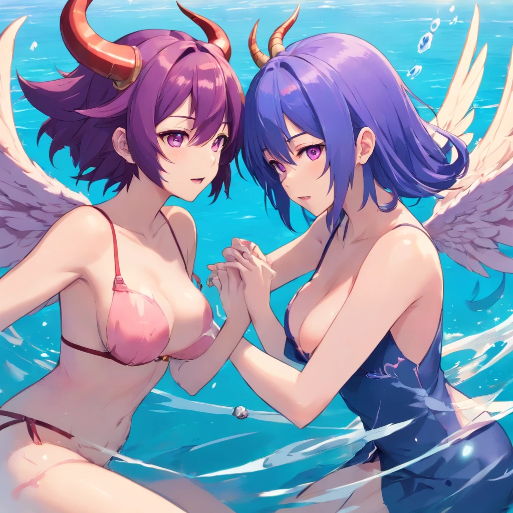 2 demonesses one with purple hair and eyes, with horns wings the other with blue hair horns wings both with sharp teeth fangs with white skin, all tattooed people with big breasts are swimming blood, bathed in blood, Naked, bathed in blood,,kissing, breast licking