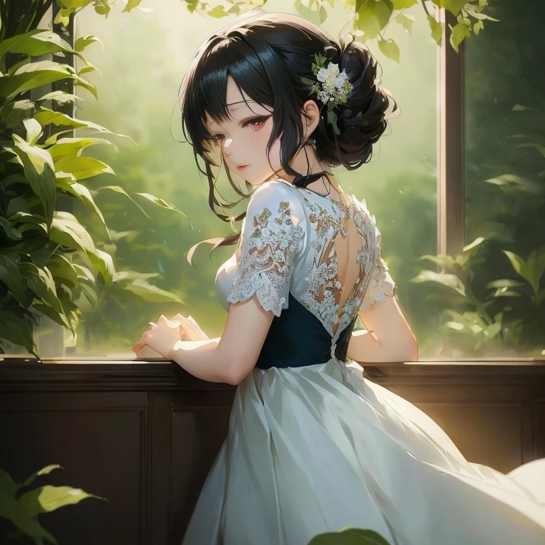 anime girl in a white dress looking out a window, artwork in the style of guweiz,  in dress, guweiz, beautiful anime portrait, guweiz on pixiv artstation, guweiz on artstation pixiv, cute anime waifu in a nice dress, beautiful anime girl, guweiz masterpiece, beautiful anime art, beautiful anime artwork