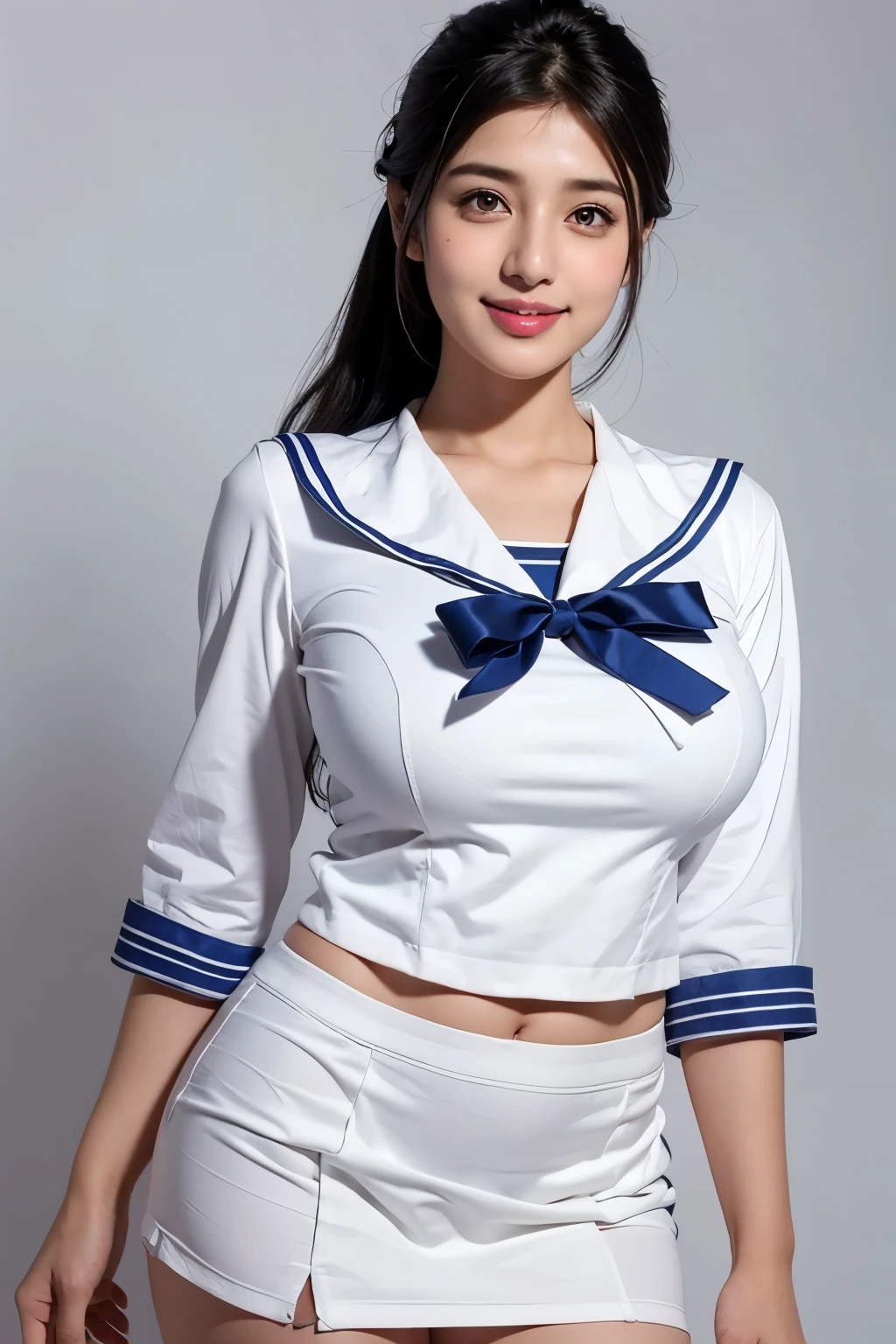 top-quality,ultra-detailliert,​masterpiece,realisitic,Photo Real,Bright lighting,1 girl in, Very beautiful 50 years old、(Wrinkles at the corners of the eyes:1.6),Thin smile, (Brown eyes),(brown haired),(bangss),perfect glossy skin,flawless skin,((erotick,Sexy and sexually explicit)),((accurate hands without incongruity)), large full breasts,big breasts thin waist, Look at viewers,((a sailor suit)),((Short sleeve uniform white shirt)),(red necktie),(Blue Mini Pleated Skirt),(((skirt lift by yourself))),(lifted by self),(Showing panties),(White panties:1.5),panties focus,((Sit up,spread legswide)), during daytime、Bedroom、a bed