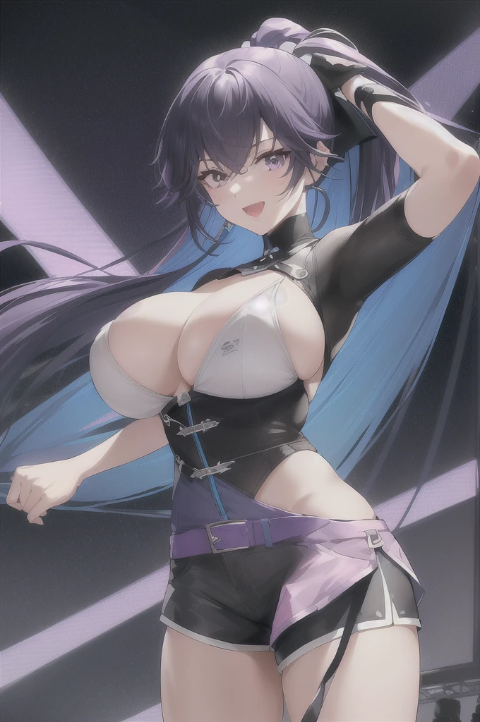 best quality, masterpiece, Selena PGR, Two-tone long hair, Ponytail, diaphragm, High Legs, Colorful blue and pink hair, , (Open your clothes:1.3), (White and purple micro jacket:1.2), (Open shorts:1.15), Black shirt, (Black shorts:1.15), stage, Neon, Smile, open mouth, Looking at the audience，(Huge breasts：1.8)