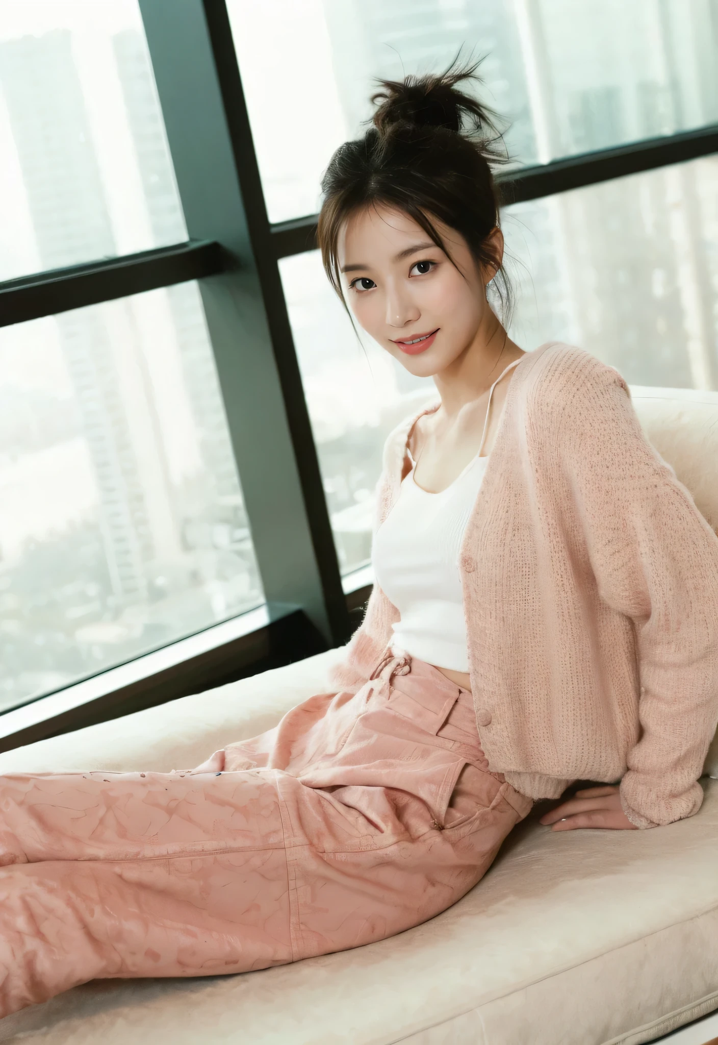 (on the table, best quality, Realistically, Super detailed, meticulous, high resolution, 8k wallpaper), Close-up portrait of a beautiful woman, like, Smile, Light brown messy hair, Perfect dynamic composition, Beautiful and meticulous eyes, Just like the cover of a fashion magazine, On Campus