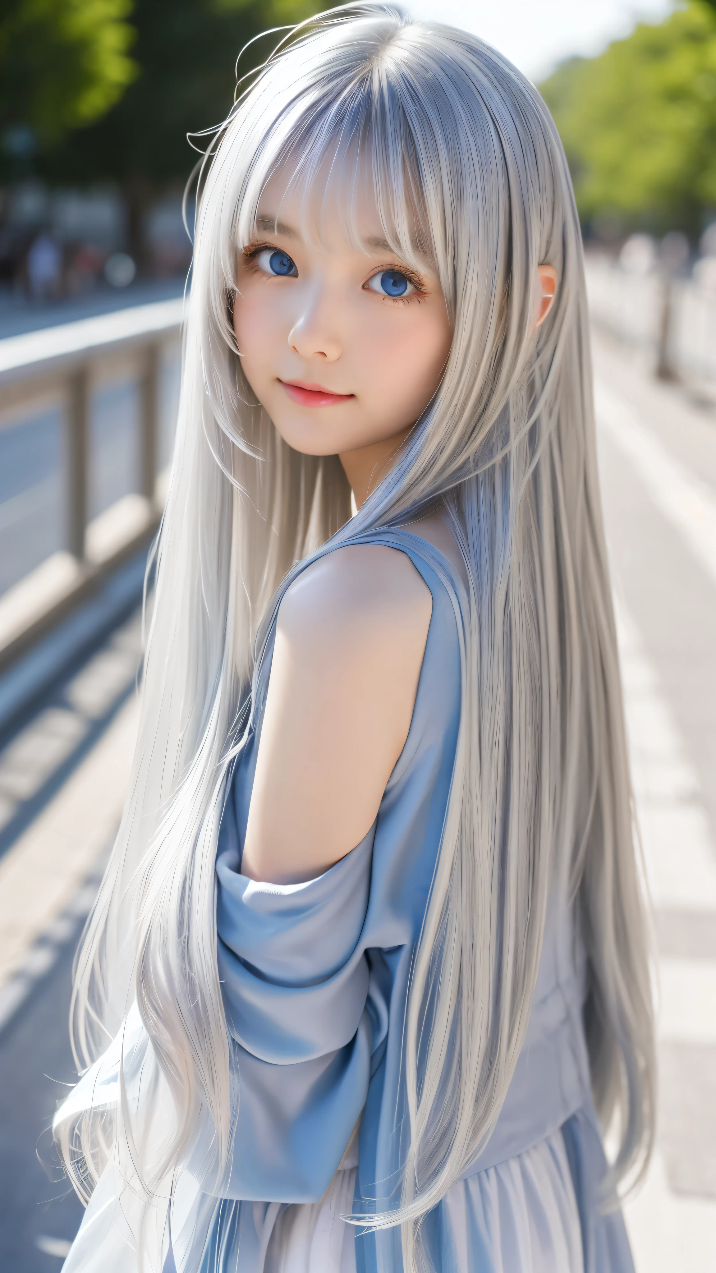 Shining, clear, white skin、Her windblown silver hair hides her beautiful face.、huge、28 years old cute sexy little beautiful face、Beautiful straight hair that stands out、growing up, Sparkling light blue eyes、long silky bangs that cover cute eyes, Sexy and cute young woman with super long hair hiding her sexy face、Shining silver hair