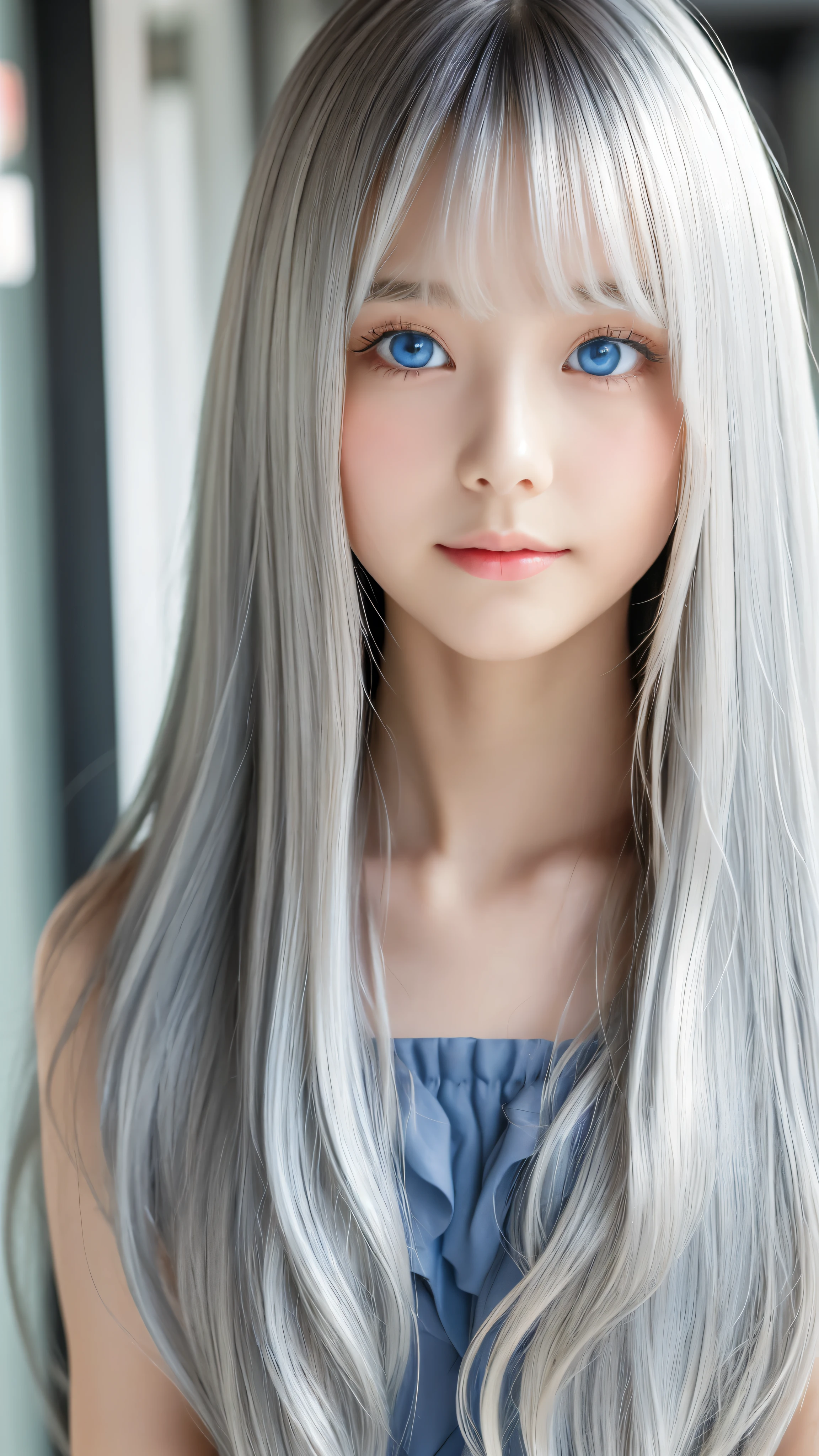 Shining, clear, white skin、Her windblown silver hair hides her beautiful face.、huge、28 years old cute sexy little beautiful face、Beautiful straight hair that stands out、growing up, Sparkling light blue eyes、long silky bangs that cover cute eyes, Sexy and cute young woman with super long hair hiding her sexy face、Shining silver hair