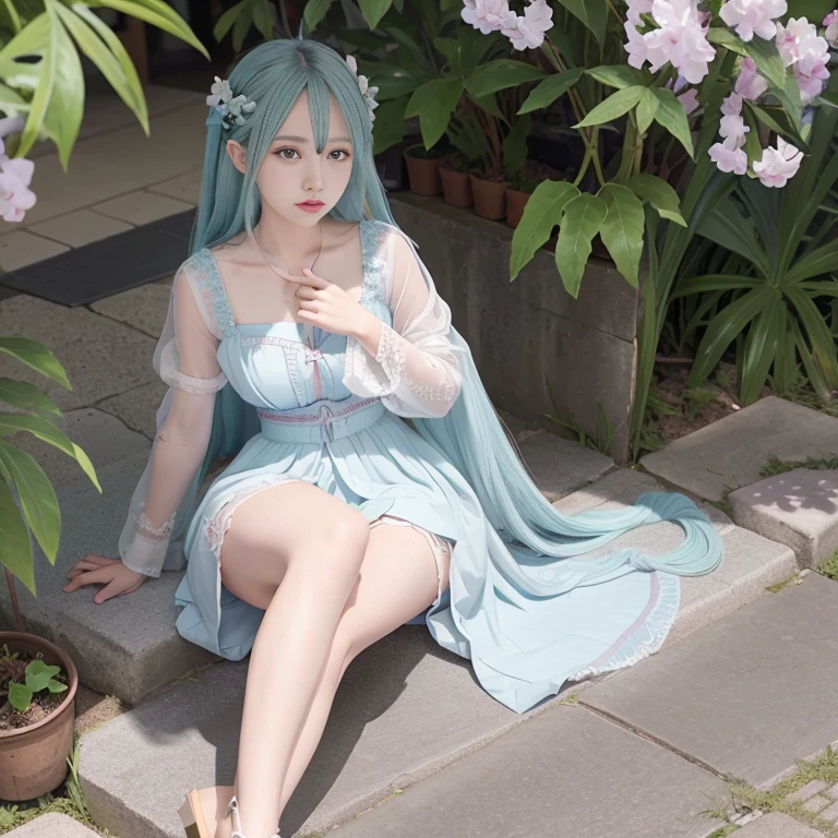 hatsune Miku、(ultra Realistic), (An illustration), (Highres), (8K), (highlydetailed), (the best illustration), (Beautiful Detailed Eyes), (beste Quality), (Super Detailed), (Master peace), (Wallpapers), (Detailed Face), solo, 1girl, Aristocratic dresses、White hair, Iris heterochromatic eyes, small moles under eye, medium chest, Long legs,Stunning composition,Foot braids,Beautiful and detailed legs