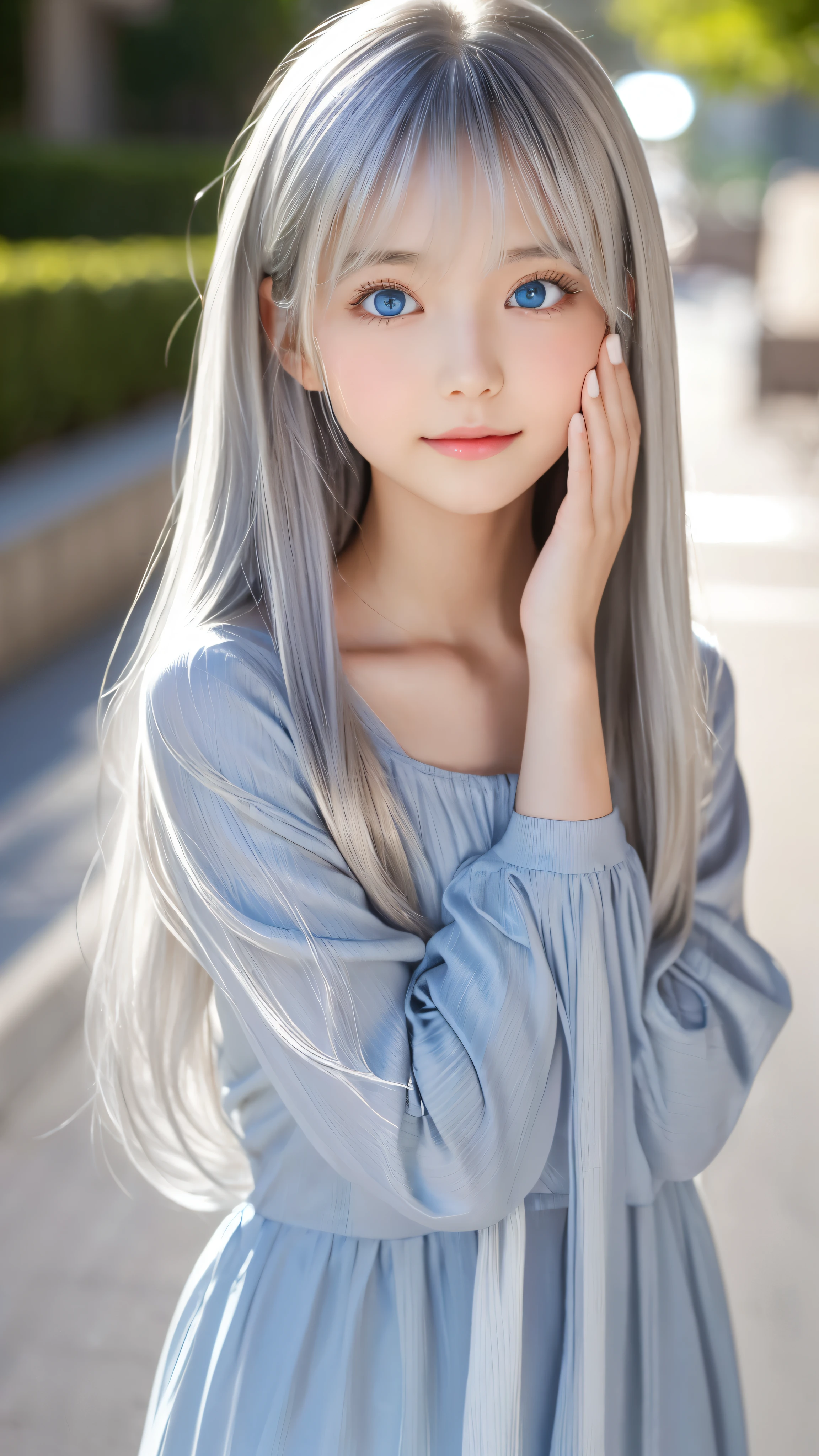 Shining, clear, white skin、Her windblown silver hair hides her beautiful face.、huge、28 years old cute sexy little beautiful face、Beautiful straight hair that stands out、growing up, Sparkling light blue eyes、long silky bangs that cover cute eyes, Sexy and cute young woman with super long hair hiding her sexy face、Shining silver hair