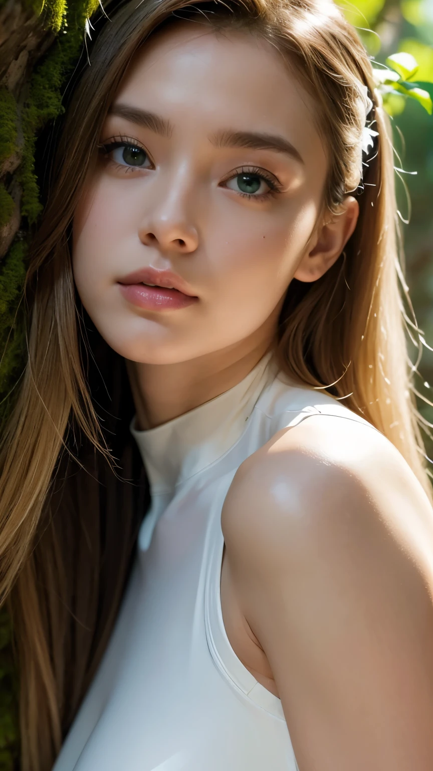 Strong light, Strong contrast, In an open-roofed cave、Sunlight shines through green moss and ferns。, And open( Sea view:1.1) The bottom, Cel-shaded rendering, 4K, 360 degrees, Equirectangular projection, what, 1girl, Woman in her 30s、A beautiful woman、long blonde hair、White latex leotard、White long boots、white arm cover、masterpiece, 最high quality, high quality, High resolution, (((Face close-up)))