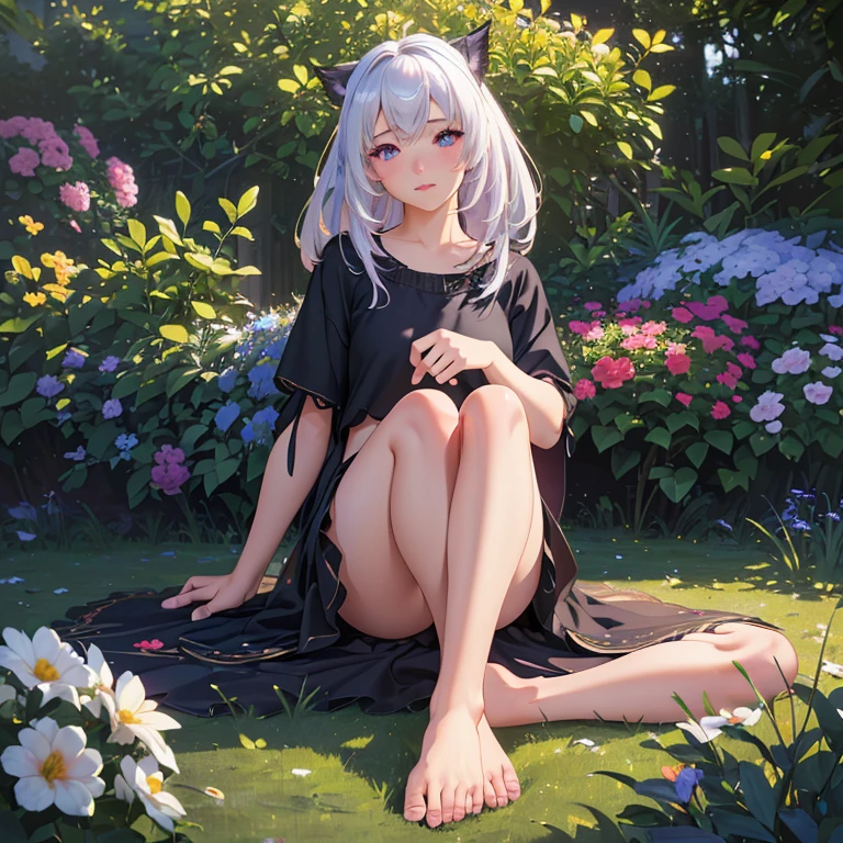 (best quality,4k,8k,highres,masterpiece:1.2),ultra-detailed,(realistic,photorealistic,photo-realistic:1.37),illustration,soft lighting,a girl with white hair,deep purple eyes,glowing eyes,sitting down,barefoot,face blushing,in a garden at night,flowers.