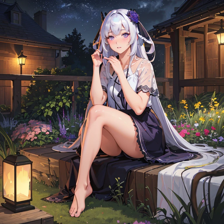 (best quality,4k,8k,highres,masterpiece:1.2),ultra-detailed,(realistic,photorealistic,photo-realistic:1.37),illustration,soft lighting,a girl with white hair,deep purple eyes,glowing eyes,sitting down,barefoot,face blushing,in a garden at night,flowers.