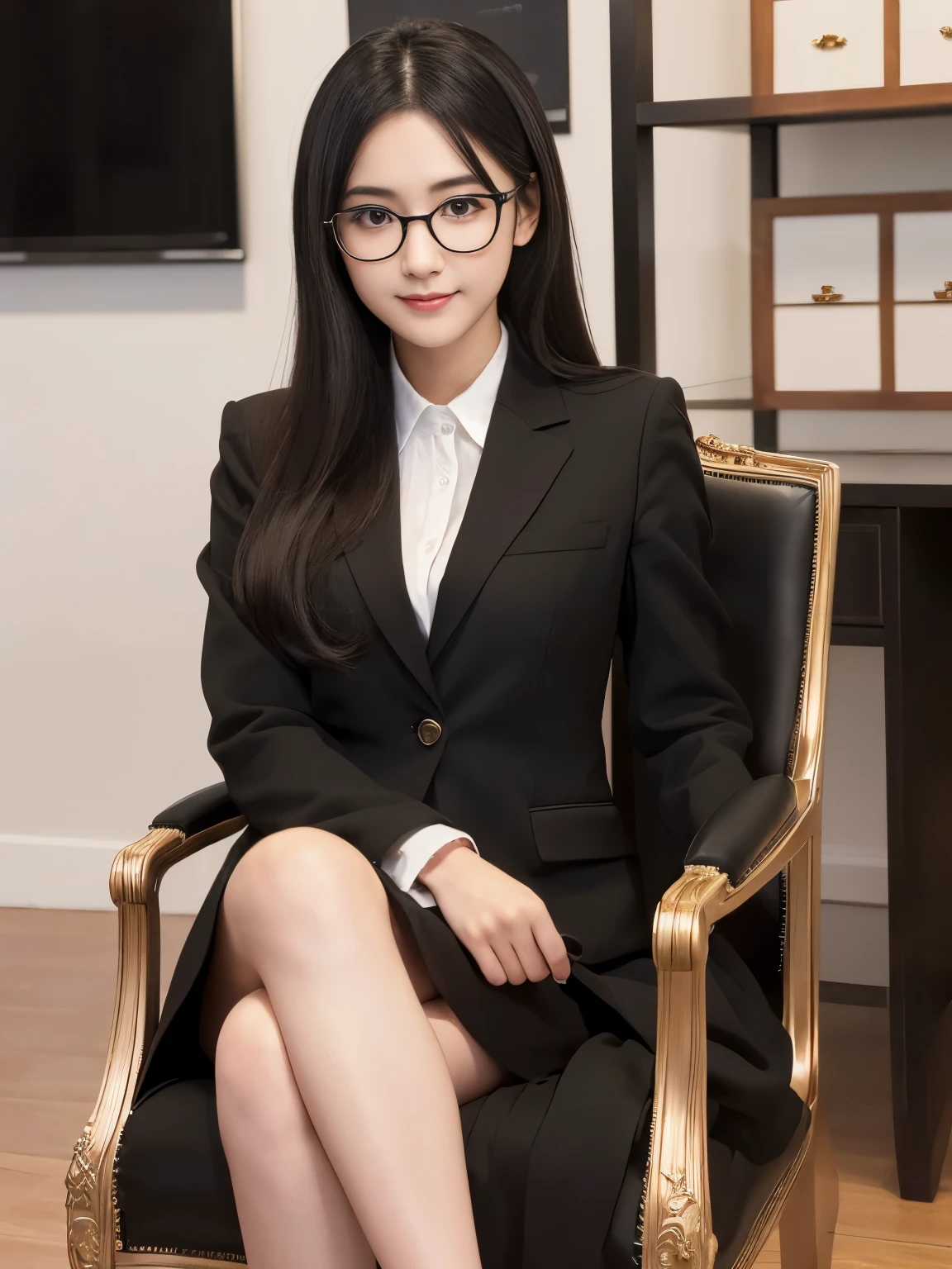 Best-quality, Masterpiece, Ultra-High-Resolution, (Photorealistic:1.4), Raw-Photo, 1girl, 18-years-old, the most famous Japanese idol, at meeting-room, sitting on luxurious-chair, wearing extremely luxurious business-suit and glasses with stylish-design, ((extremely cute face like the most popular Japanese actress, ((extremely cute big-black-eyes)), extremely beautiful hair, extremely cute lips, extremely beautiful skins)), perfect proportion, innocent-smile, detailed meeting-room, detailed luxurious-chair, detailed extremely-luxurious-business-suit, detailed glasses-with-stylish-design
