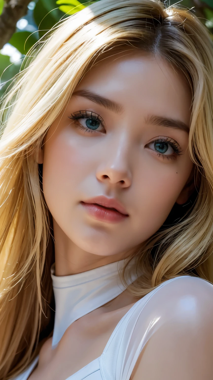 Strong light, Strong contrast, In an open-roofed cave、Sunlight shines through green moss and ferns。,  And open( Sea view:1.1) The bottom, Cel-shaded rendering, 4K,  360 degrees, Equirectangular projection, what, 1girl, Woman in her 30s､A beautiful woman､long blonde hair､White latex leotard､White long boots､white arm cover､masterpiece, 最high quality, high quality, High resolution, (((Face close-up)))