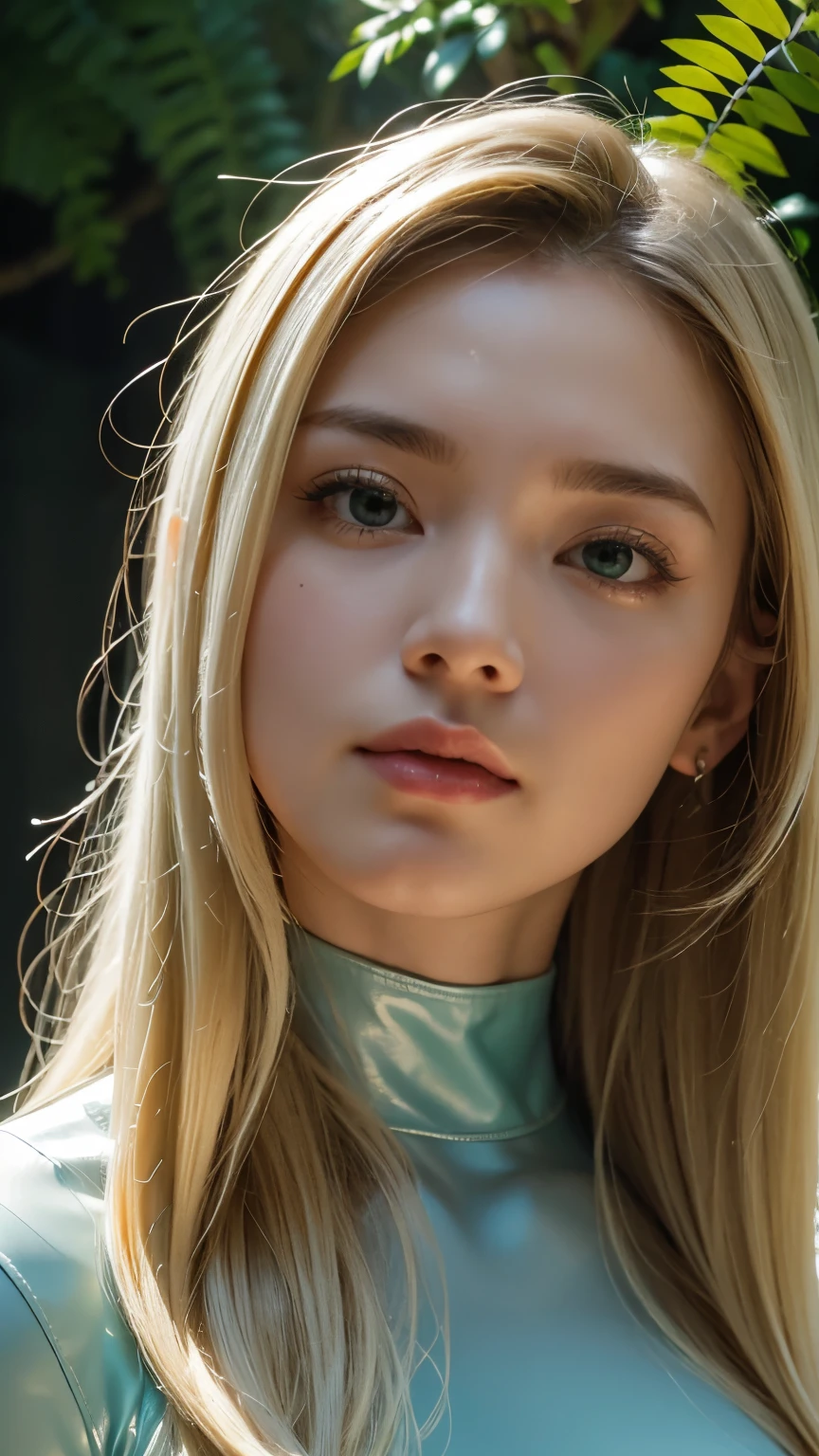 Strong light, Strong contrast, In an open-roofed cave、Sunlight shines through green moss and ferns。, And open( Sea view:1.1) The bottom, Cel-shaded rendering, 4K, 360 degrees, Equirectangular projection, what, 1girl, Woman in her 30s、A beautiful woman、long blonde hair、White latex leotard、White long boots、white arm cover、masterpiece, 最high quality, high quality, High resolution, (((Face close-up)))