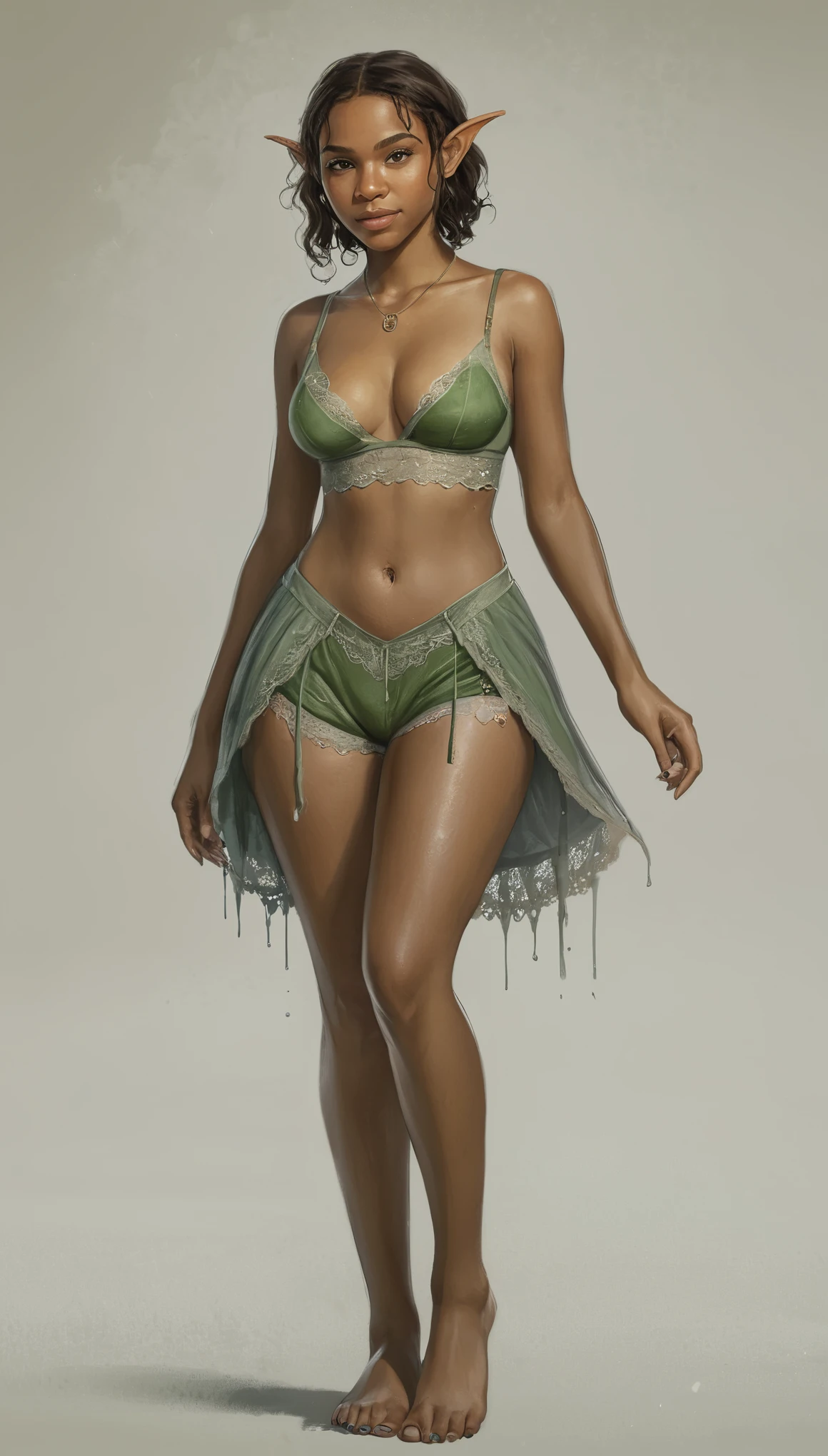 An illustrated movie poster, hand-drawn, full color, a age elven girl, wearing a lace bralette and bloomer shorts, light brown skin, African-American, Amazonian body, very tall, athletic, hourglass figure, curvy, bottom-heavy, generous hips, massive bubble-butt, long legs, ridiculously thick powerful thighs, hazel green eyes, long pointy elf ears, ash brown hair, short shaggy bob, posing with butt facing toward camera, early morning fog, wet glistening skin, hard shadows, graphite shading, stencil marks, airbrushed acrylic paint, masterpiece, in the style of Lord of the Rings