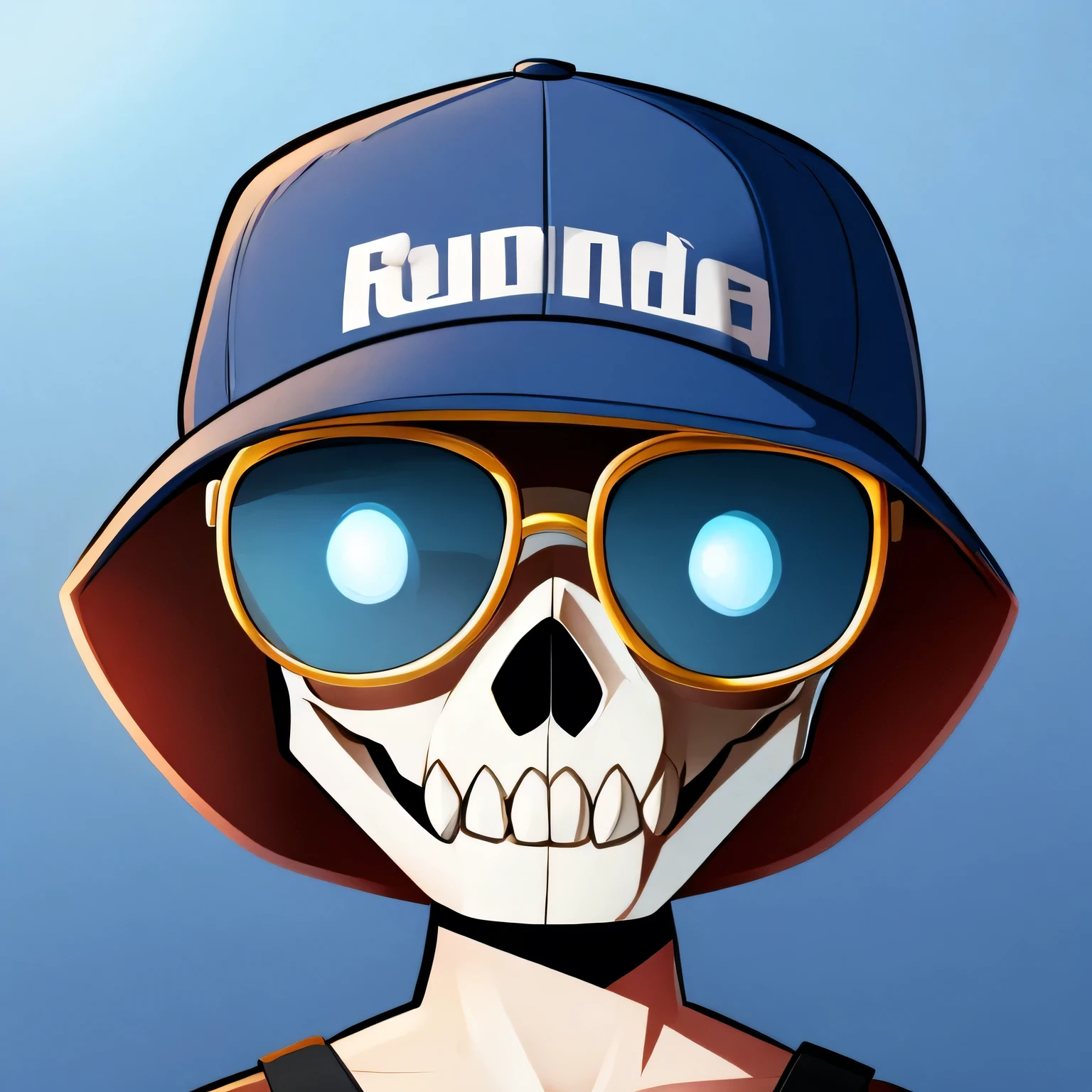 cartoon simplified skull wearing a blue snapback cap and glasses with opaque light blue lenses looking at the camera without eyes without hair flat lighting