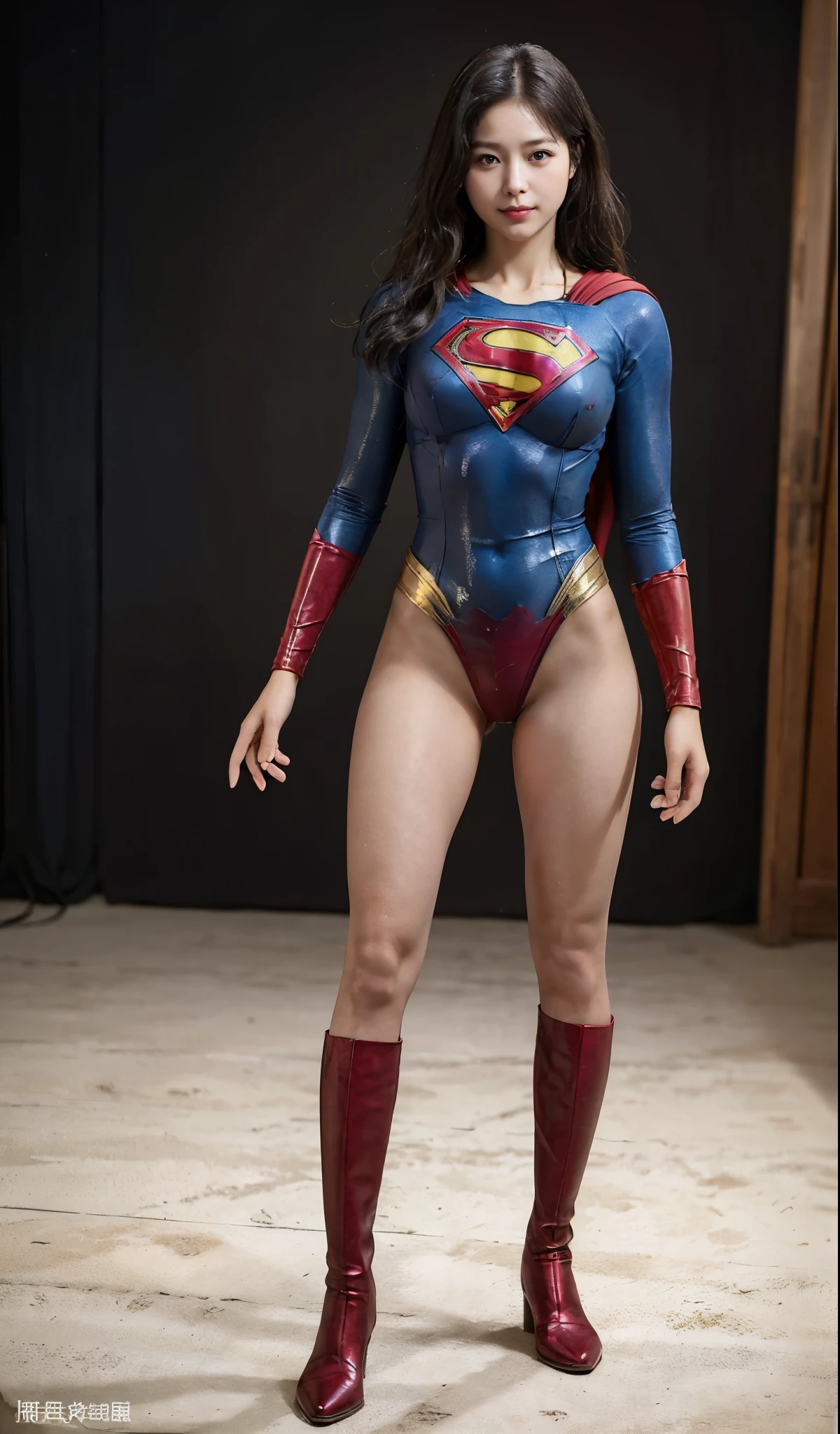 No background、(((Beautiful legs in black tights.)))、(((Legally express the beauty of your smile)))、((((Make the most of your original images)))、(((Supergirl Costume)))、(((Beautiful Hair)))、(((suffering)))、(((Please wear black tights....、Wear red boots)))、((Best image quality、8K))、((highest quality、8K、masterpiece:1.3))、(((Preserve background )))、Sharp focus:1.2、Beautiful woman with perfect figure:1.4、Thin abdominal muscles:1.2、Wet body:1.5、Highly detailed face and skin texture、8K