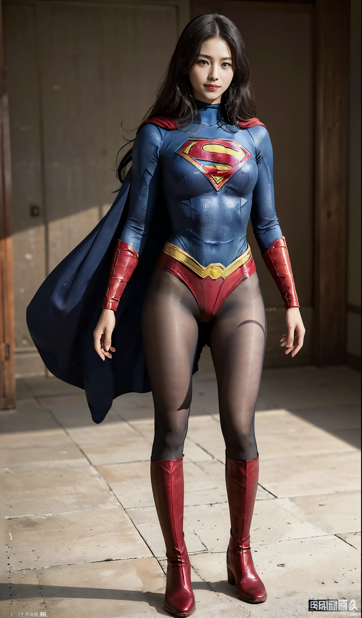 No background、(((Beautiful legs in black tights.)))、(((Legally express the beauty of your smile)))、((((Make the most of your original images)))、(((Supergirl Costume)))、(((Beautiful Hair)))、(((suffering)))、(((Please wear black tights....、Wear red boots)))、((Best image quality、8K))、((highest quality、8K、masterpiece:1.3))、(((Preserve background )))、Sharp focus:1.2、Beautiful woman with perfect figure:1.4、Thin abdominal muscles:1.2、Wet body:1.5、Highly detailed face and skin texture、8K