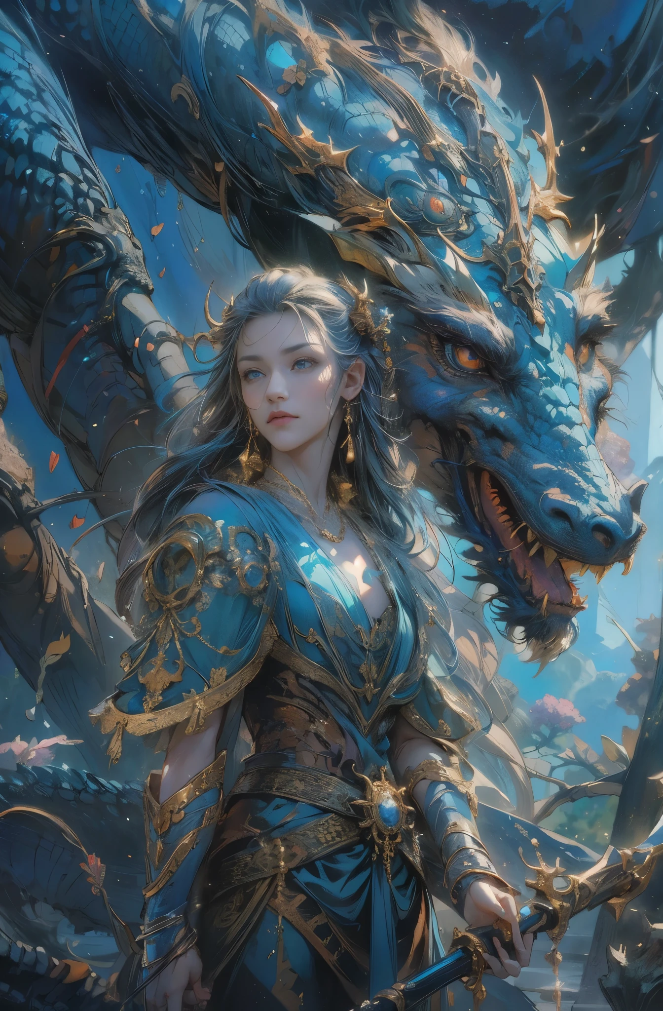 A beautiful woman meets a dragon, Encounter with the Legendary Dragon, Giant Dragon, godの眷属, god々Shiiryu, Detailed fantasy art, Fantasy art style, Fantasy style art, highly Detailed fantasy art, detailed Digital 2D Fantasy Art, fantasy artist, epic Fantasy art style hd, High quality fantasy art, Detailed fantasy illustrations, fantasy book illustration, Digital 2D Fantasy Art, Fantasy Art Illustration, 4k fantasy art, author：Jean Jay., Fantasy art style, 2. 5D CGI Anime Fantasy Artwork, epic Fantasy art style hd, Epic fantasy digital art style, Detailed fantasy art, 詳細なDigital 2D Fantasy Art, Luan Jia and Artgerm, 8k fantasy art, female dragon knight, Sharp contours, very fine and beautiful eyes, Blue eyes without pupils, Beautiful Blue Eyes, pretty much beautiful face, Also々exterior, Valhalla, Unparalleled beauty, masterpiece, highest quality, The perfect angle, Perfect composition, Best Shot, Official Art, Cinematic light, Very beautiful and fantastic scenery, chivalry dream, Presence, Michael Letter, Christoph Huge 、Ultra-precision coating, Luminism, art by Carne Griffiths and What a bone Concept Art, 4K resolution, Fractal isometric detailed bioluminescence , 3D Rendering, Octane Rendering, Exquisitely crafted , Cinematic, Art Station&#39;trendy, Isometric Center, Surreal cover photo, Amazing full color, Handwriting, Hit definition , Cinematic,Great background, Abstract Beauty,stand, Approaching perfection, Pure Form, Golden Ratio, Minimal, Concept Art, By Brian Froud、Karn Griffiths、What a bone、John William Waterhouse, Intricate details, 8K Post-Production, High resolution, Hyper Detail, Art Stationのトレンド, Studio shot, Intricate details, Very detailed, Greg Rutkowski, Encounter with an Ancient Dragon, Close-up