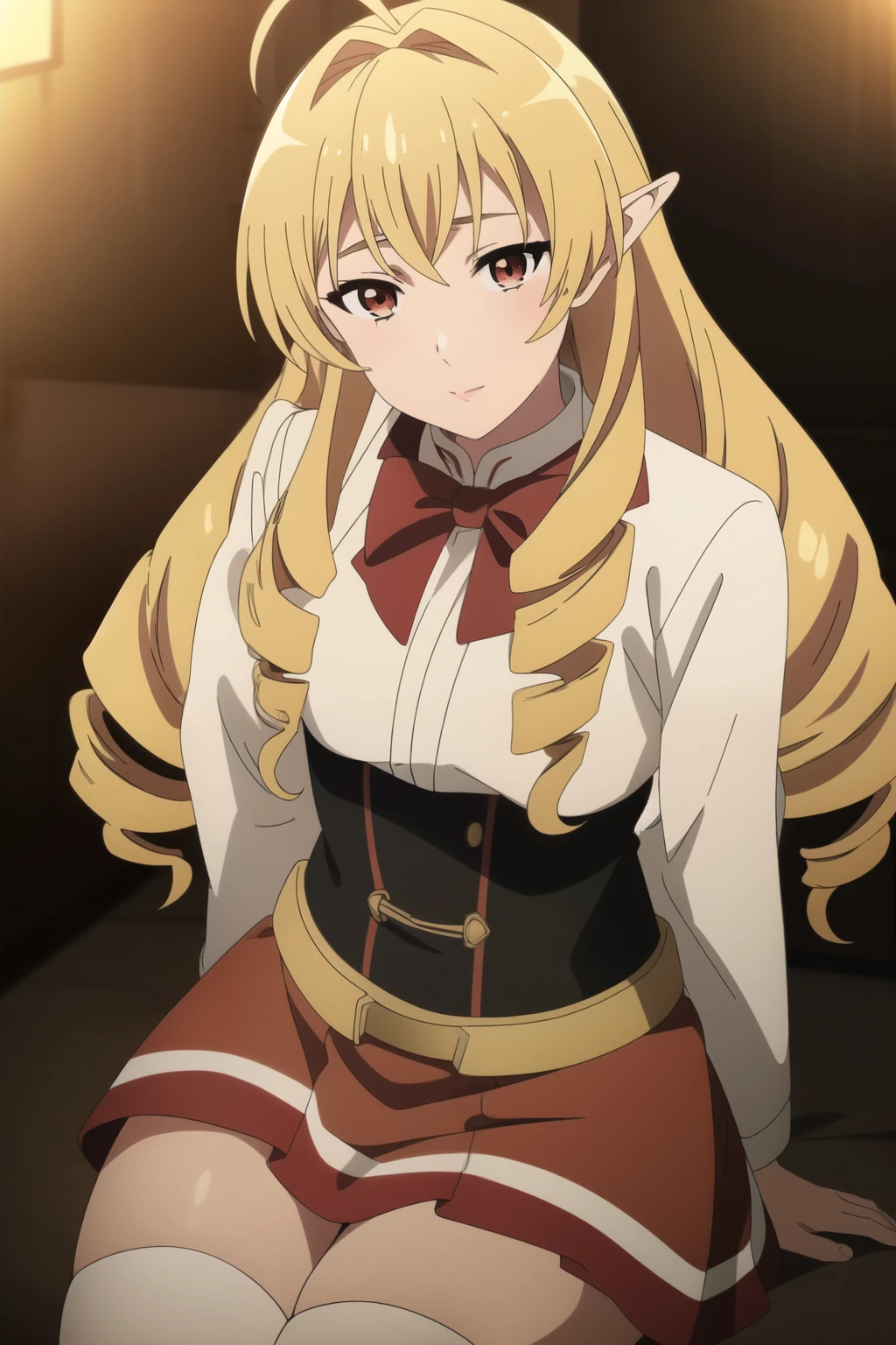 笑face, One girl,Blonde,Very long hair,Pointed Ears,Twin Drill,Red eyes,alone,Ahoge,Fairy,Drill Hair,Hair between the eyes,bangs,Hair Intake,Hair behind the ear, Long sleeve,,Red Skirt,Red bow tie,Black Corset,Knee socks,White shirt,, Amazing visuals, High resolution,masterpiece,Highest quality,, 18-year-old,young woman,beautiful指,beautiful長い脚,beautiful体,beautiful鼻,beautifulキャラクターデザイン, Perfect Eyes, perfect face,Expressive eyes, Official Art,Very detailed CG ユニティ 8k 壁紙, Perfect lighting,colorful, bright_front_face_Lighting,Shiny skin, (masterpiece:1.0),(Highest_quality:1.0), 超High resolution,4K,Very detailed, photograph, 8k, High resolution, High resolution, Absurd:1.2, Kodak Portrait 400, Film Grain, Blurred Background, Bokeh:1.2, Lens flare, (Vibrant_color:1.2), (beautiful_face:1.5),(narrow_Waist), ,Browsing Caution,