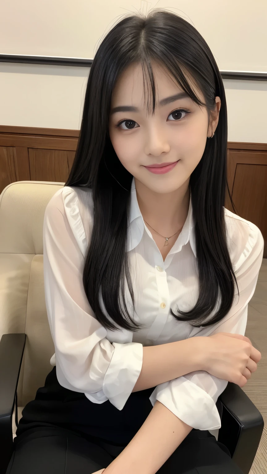 Best-quality, Masterpiece, Ultra-High-Resolution, (Photorealistic:1.4), Raw-Photo, 1girl, 18-years-old, the most famous Japanese idol, at meeting-room, sitting on luxurious-chair, wearing extremely luxurious business-suit, ((extremely cute face like the most popular Japanese actress, ((extremely cute big-black-eyes)), extremely beautiful hair, extremely cute lips, extremely beautiful skins)), perfect proportion, innocent-smile, detailed meeting-room, detailed luxurious-chair, detailed extremely-luxurious-business-suit