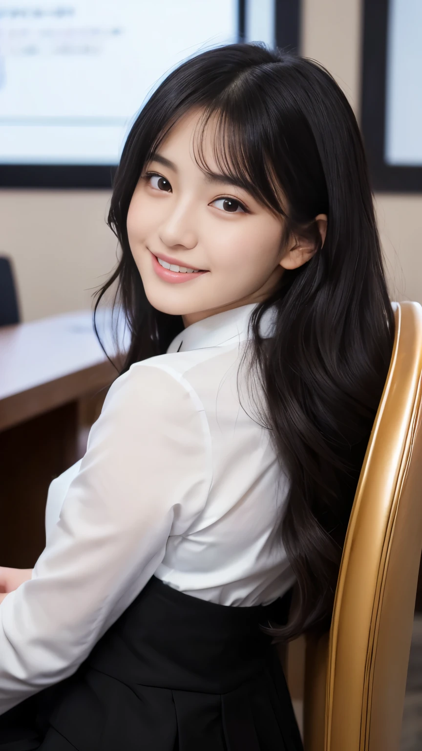 Best-quality, Masterpiece, Ultra-High-Resolution, (Photorealistic:1.4), Raw-Photo, 1girl, 18-years-old, the most famous Japanese idol, at meeting-room, sitting on luxurious-chair, wearing extremely luxurious business-suit, ((extremely cute face like the most popular Japanese actress, ((extremely cute big-black-eyes)), extremely beautiful hair, extremely cute lips, extremely beautiful skins)), perfect proportion, innocent-smile, detailed meeting-room, detailed luxurious-chair, detailed extremely-luxurious-business-suit