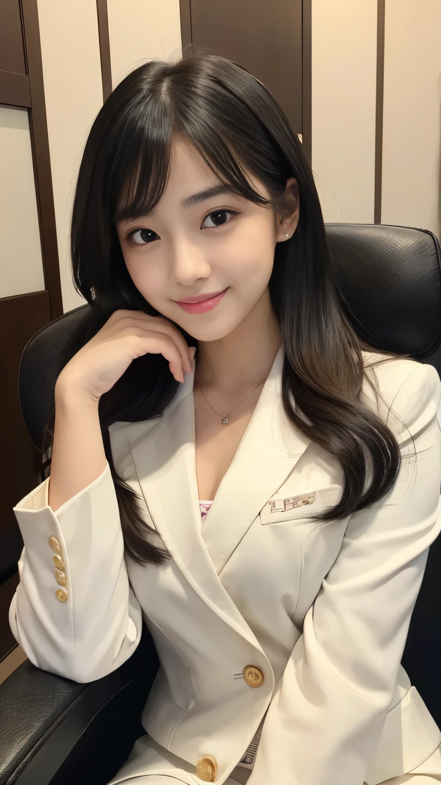 Best-quality, Masterpiece, Ultra-High-Resolution, (Photorealistic:1.4), Raw-Photo, 1girl, 18-years-old, the most famous Japanese idol, at meeting-room, sitting on luxurious-chair, wearing extremely luxurious business-suit, ((extremely cute face like the most popular Japanese actress, ((extremely cute big-black-eyes)), extremely beautiful hair, extremely cute lips, extremely beautiful skins)), perfect proportion, innocent-smile, detailed meeting-room, detailed luxurious-chair, detailed extremely-luxurious-business-suit
