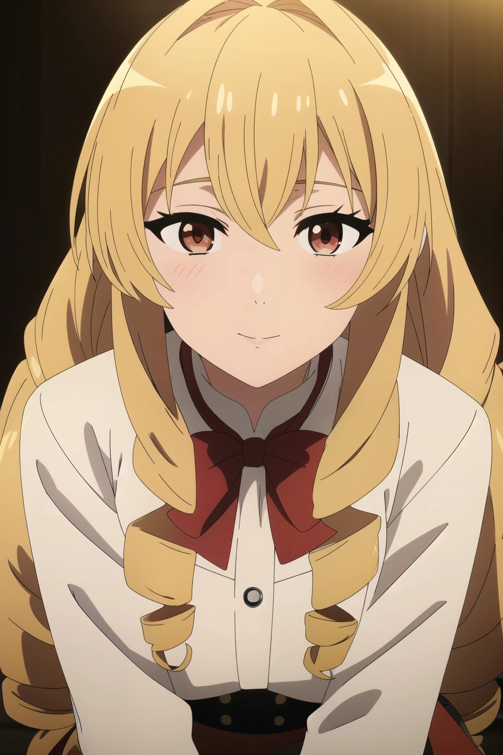 笑face, One girl,Blonde,Very long hair,Pointed Ears,Twin Drill,Red eyes,alone,Ahoge,Fairy,Drill Hair,Hair between the eyes,bangs,Hair Intake,Hair behind the ear, Long sleeve,,Red Skirt,Red bow tie,Black Corset,Knee socks,White shirt,, Amazing visuals, High resolution,masterpiece,Highest quality,, 18-year-old,young woman,beautiful指,beautiful長い脚,beautiful体,beautiful鼻,beautifulキャラクターデザイン, Perfect Eyes, perfect face,Expressive eyes, Official Art,Very detailed CG ユニティ 8k 壁紙, Perfect lighting,colorful, bright_front_face_Lighting,Shiny skin, (masterpiece:1.0),(Highest_quality:1.0), 超High resolution,4K,Very detailed, photograph, 8k, High resolution, High resolution, Absurd:1.2, Kodak Portrait 400, Film Grain, Blurred Background, Bokeh:1.2, Lens flare, (Vibrant_color:1.2), (beautiful_face:1.5),(narrow_Waist),笑face