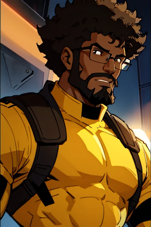 beautiful black young 25 years old man with brown light skin, afro short black hair, good shape beard, and glasses, 25 years old, wearing a superhero uniform