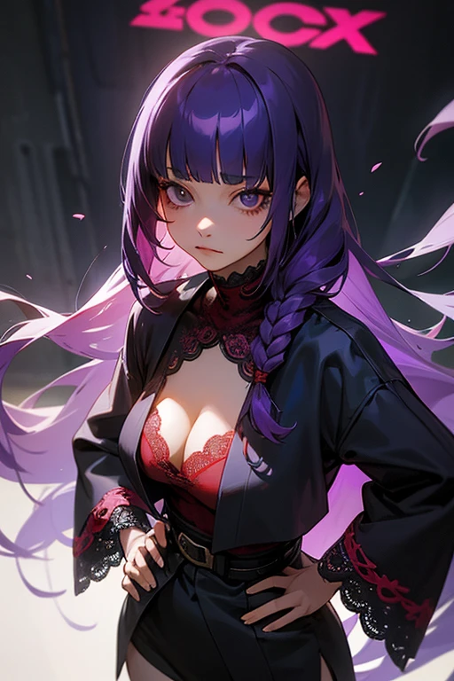 1 girl, Blunt bangs, Braiding, Wide sleeves, hair ornaments, Navy Red Lace、Black Belt, (Purple Hair:1.2), Very long hair, Straight hair, Looking at the audience, Highly detailed background, (Realistic:1.2), Beautiful Eyes, Red eyeshadow, Written boundary depth,thigh, (Ulzzang-6500:0.7), Upper Body, (alone:1.2), (Cyberpunk City:1.1), Cleavage, Hands on hips、Shiny skin、Hair blowing in the wind、flower、Sad expression、Sharp eyes、Eye Cleansing Night、sunglasses、