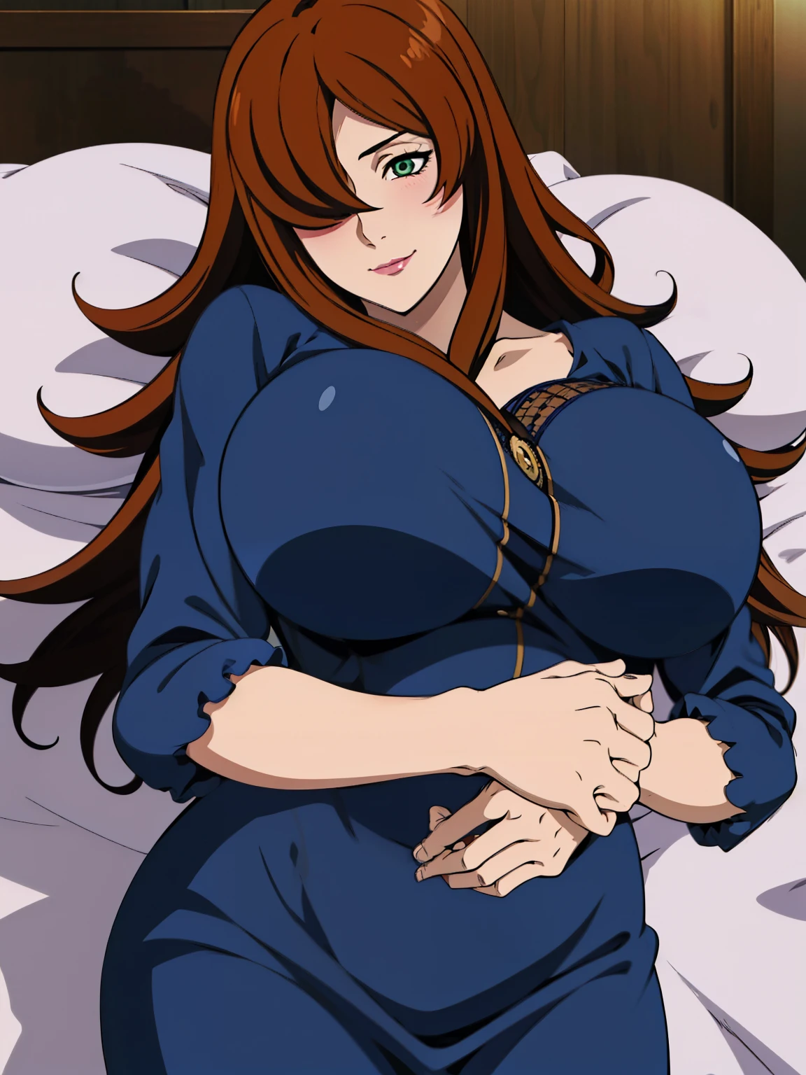 (POV Across Bed :1.3), lying on bed, (naked), mature woman, luxury bedroom, 25 yo, solo, Mei Terumi, anime cels style, best quality, high resolution, 1girl, (huge breasts:1.2), beautiful face, long hair, brown hair, (green eyes), ((hair over one eye)), lipstick, cowboy shot, happy face, blushing, looking at viewer, smiling