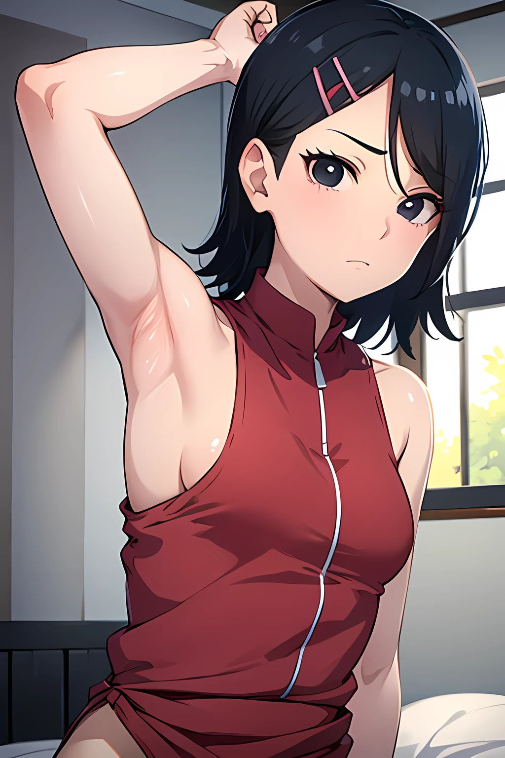 anime screencap,, 1girl,solo, wavy black hair, wavy short hair, wavy hair, wavy hairstyle, black eyes,small breasts,armpits,wet armpits, showing wet armpits, laying down messy hair, messy wavy hair, wavy messy hair,side boob, removing clothes, showing small breasts, , breasts, cute body, getting, lingere clothing, see through lingere