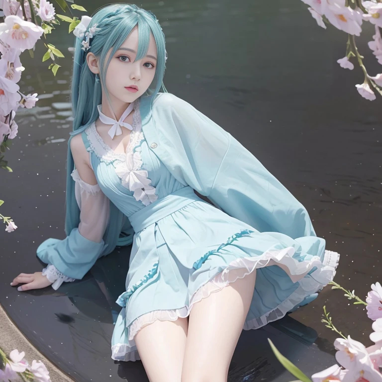 hatsune Miku、(ultra Realistic), (An illustration), (Highres), (8K), (highlydetailed), (the best illustration), (Beautiful Detailed Eyes), (beste Quality), (Super Detailed), (Master peace), (Wallpapers), (Detailed Face), solo, 1girl, Aristocratic dresses、White hair, Iris heterochromatic eyes, small moles under eye, medium chest, Long legs,Stunning composition,Foot braids,Beautiful and detailed legs
