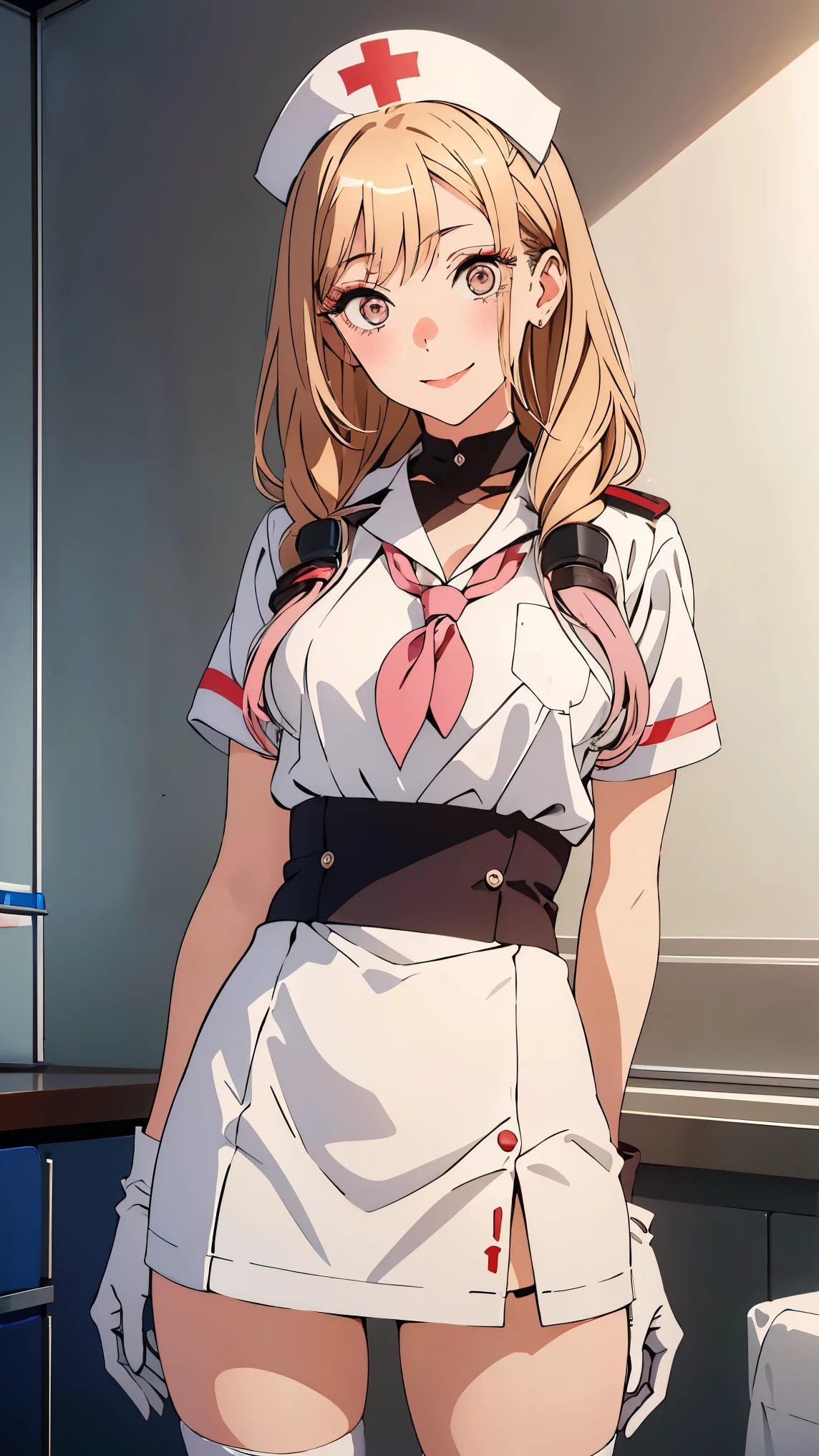 Girl1,Nurse, wearing white, ((white legs, Zetai Ryuki)), white gloves, standing, ((hospital room)), short sleeves,seductive smile,Eyes droop,Sharp outline,super detail,high quality,high details,best quality,1080P