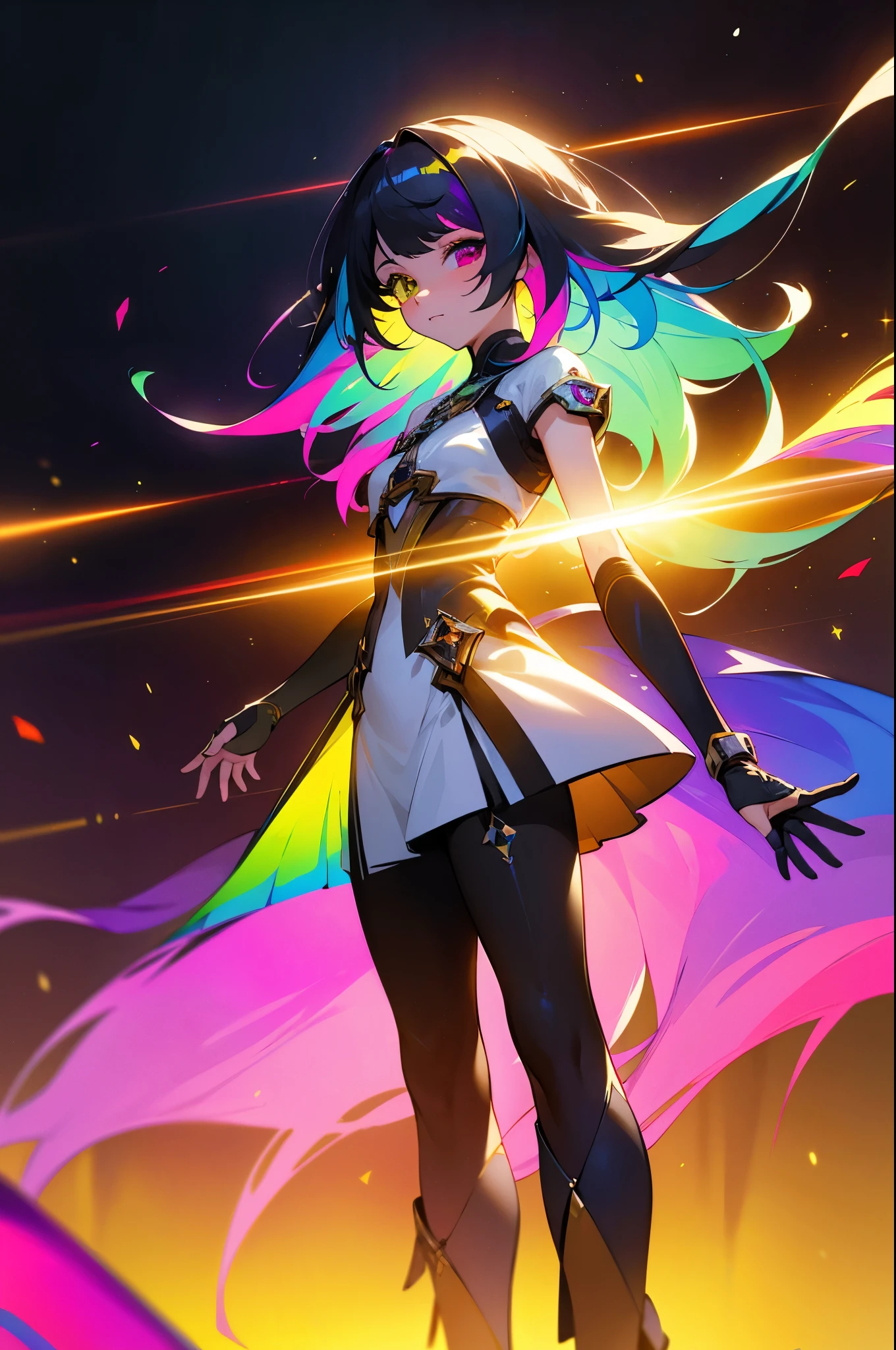 {{masterpiece}}, best quality, extremely detailed CG unity 8k wallpaper, cinematic lighting, lens flare, beautiful detail eyes, black, side glance, multicolor hair, colorful light, particles, heterochromia, (colorful:1.5), (colorful hair:1.5), full body, arms on sides
