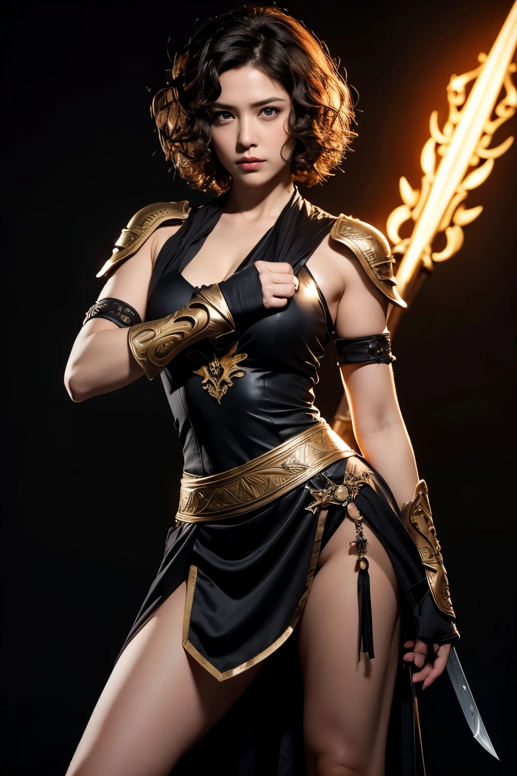 A woman with short, curly hair and a determined expression stands tall in a detailed warrior princess cosplay. Her hand rests on the hilt of a prop sword at her hip. The plain black background emphasizes the strength of her pose.