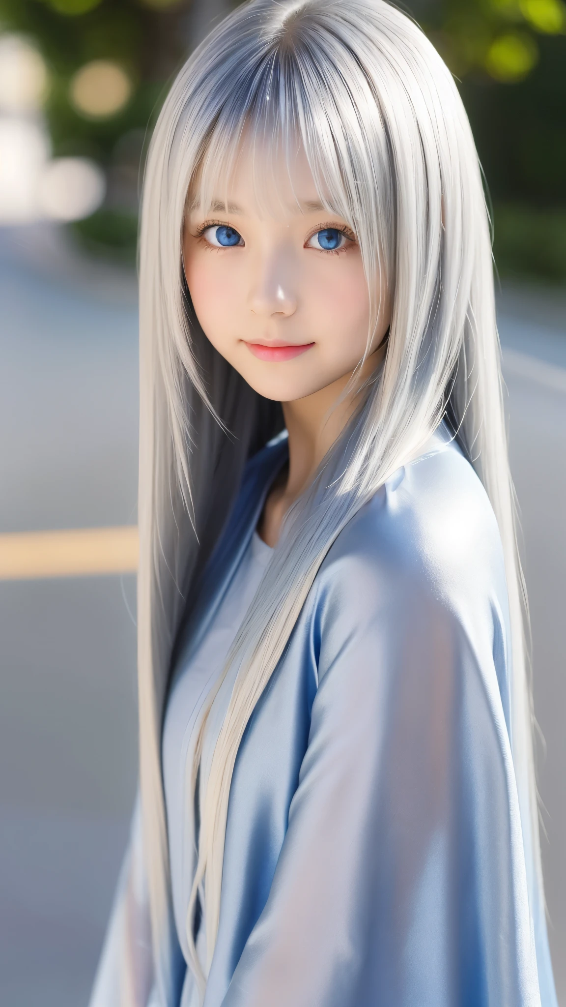 Shining, clear, white skin、Her windblown silver hair hides her beautiful face.、huge、28 years old cute sexy little beautiful face、Beautiful straight hair that stands out、growing up, Sparkling light blue eyes、long silky bangs that cover cute eyes, Sexy and cute young woman with super long hair hiding her sexy face、Shining silver hair