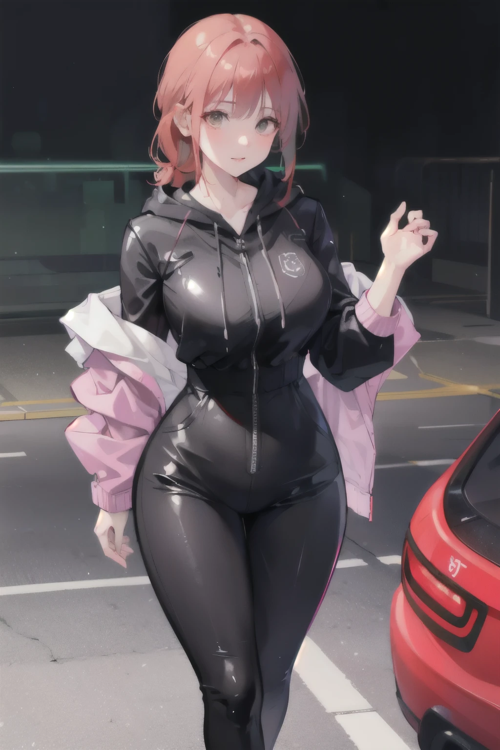 a scared and embarrassed redheaded woman, hair in a ponytail, her bright eyes super detailed, full lips painted red, chiseled physique and wide hips. She wears a closed black leather jumpsuit, whose shiny surface accentuates her shape. A windbreaker with a hood and a neon pink interior covers your shoulders and a pleased skirt. Walking down a busy street, she attracts glances from onlookers. This image exudes realism, capturing the essence of a fragile and embarrassed figure. Digital art, high definition and photorealistic technique