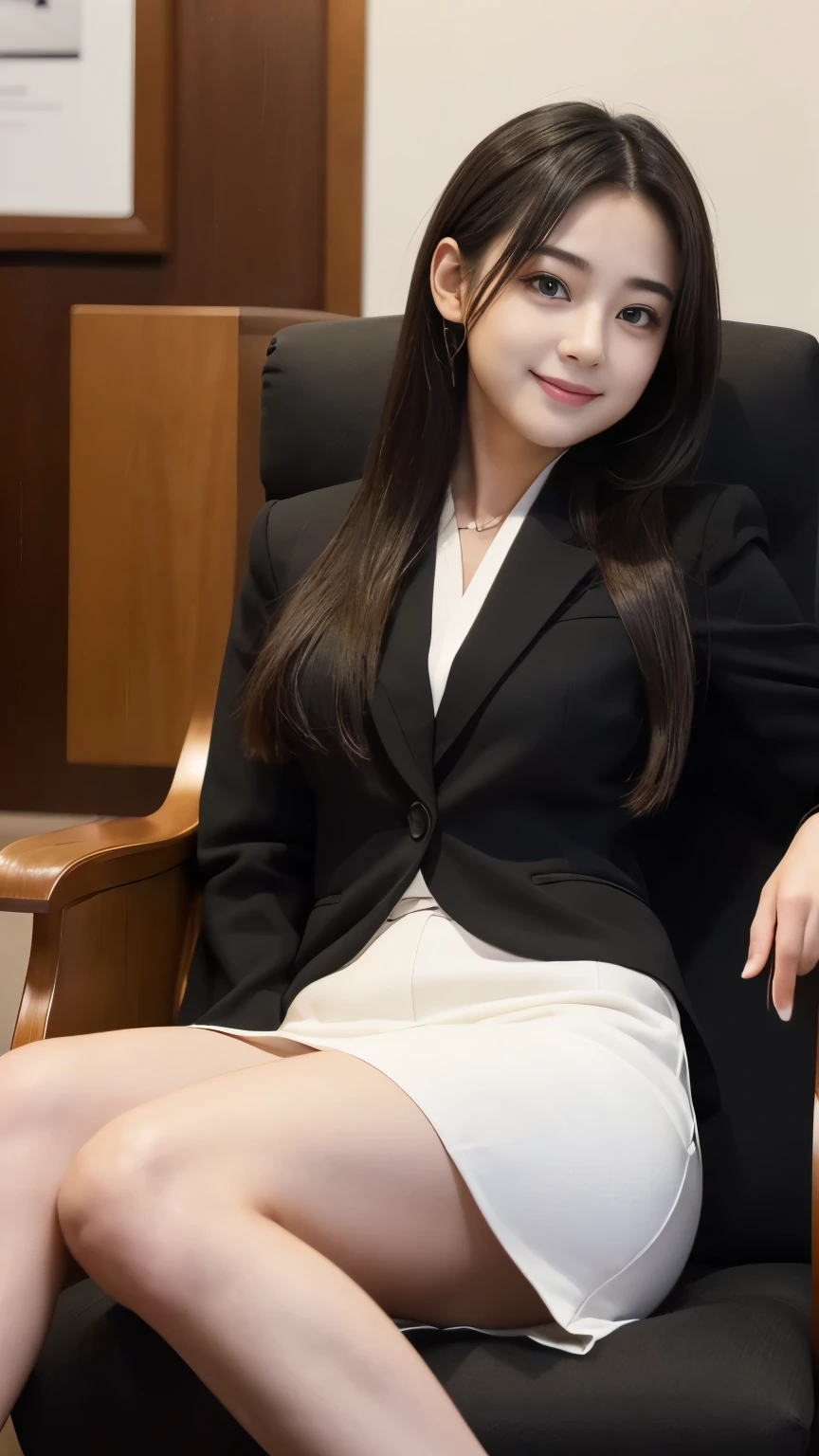 Best-quality, Masterpiece, Ultra-High-Resolution, (Photorealistic:1.4), Raw-Photo, 1girl, 18-years-old, the most famous Japanese idol, at meeting-room, sitting on luxurious-chair, ((open legs)), wearing extremely luxurious business-suit, ((extremely cute face like the most popular Japanese actress, ((extremely cute big-black-eyes)), extremely beautiful hair, extremely cute lips, extremely beautiful skins)), perfect proportion, innocent-smile, detailed meeting-room, detailed luxurious-chair, detailed extremely-luxurious-business-suit