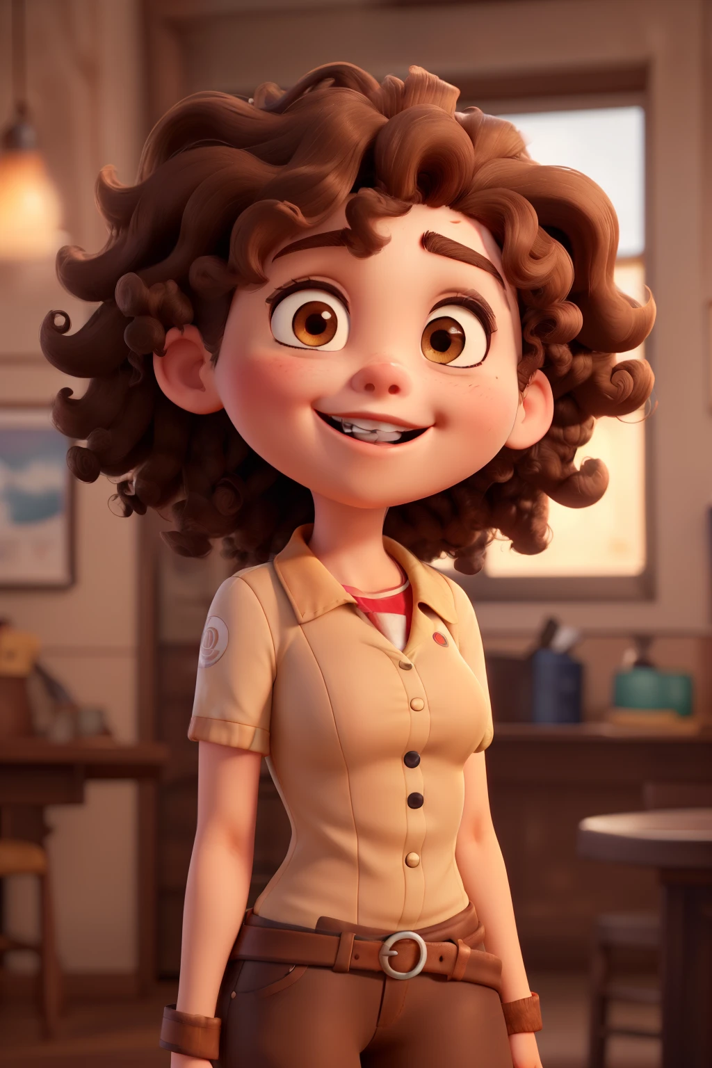 ((melhor qualidadewoman with light skin, curly hair all over her head, light brown eyes, dark brown hair, short hair, thick lips, eyebrows with a thicker center, corner of the mouth turned down and wide smile, rounded face, prominent cheeks)), ((obra de arte)), (detalhado), rosto perfeito