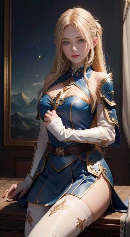 (8K, Raw photography, top-quality, masterpiece:1.2), One elf Woman、girl at the age of 18,fullllbody.{scinematic angle、Wide Angle、Don't split the screen、}(Realistic Skins 1.4)、(valkyrie、Valkyria)、(((Western knights、Plate armor covering the whole body、Metal armor、nffsw)))、(royal blue above knee skirt with golden trim) 、(((Sky with light、Asgard))、50mm Lens、30mm film、wide angles、(long、)、(A waist long straight blonde-haired)、blue eyes、shinny skin、beautiful detailed hair、cheerful smile, Beautiful delicate face、Beautiful delicate eyes、{huge chest、perfect tits, muscular body、}、(standing:1), bare shoulder, tight-high white stocking with golden-trim, (white:1) above elbow armhose and glove,