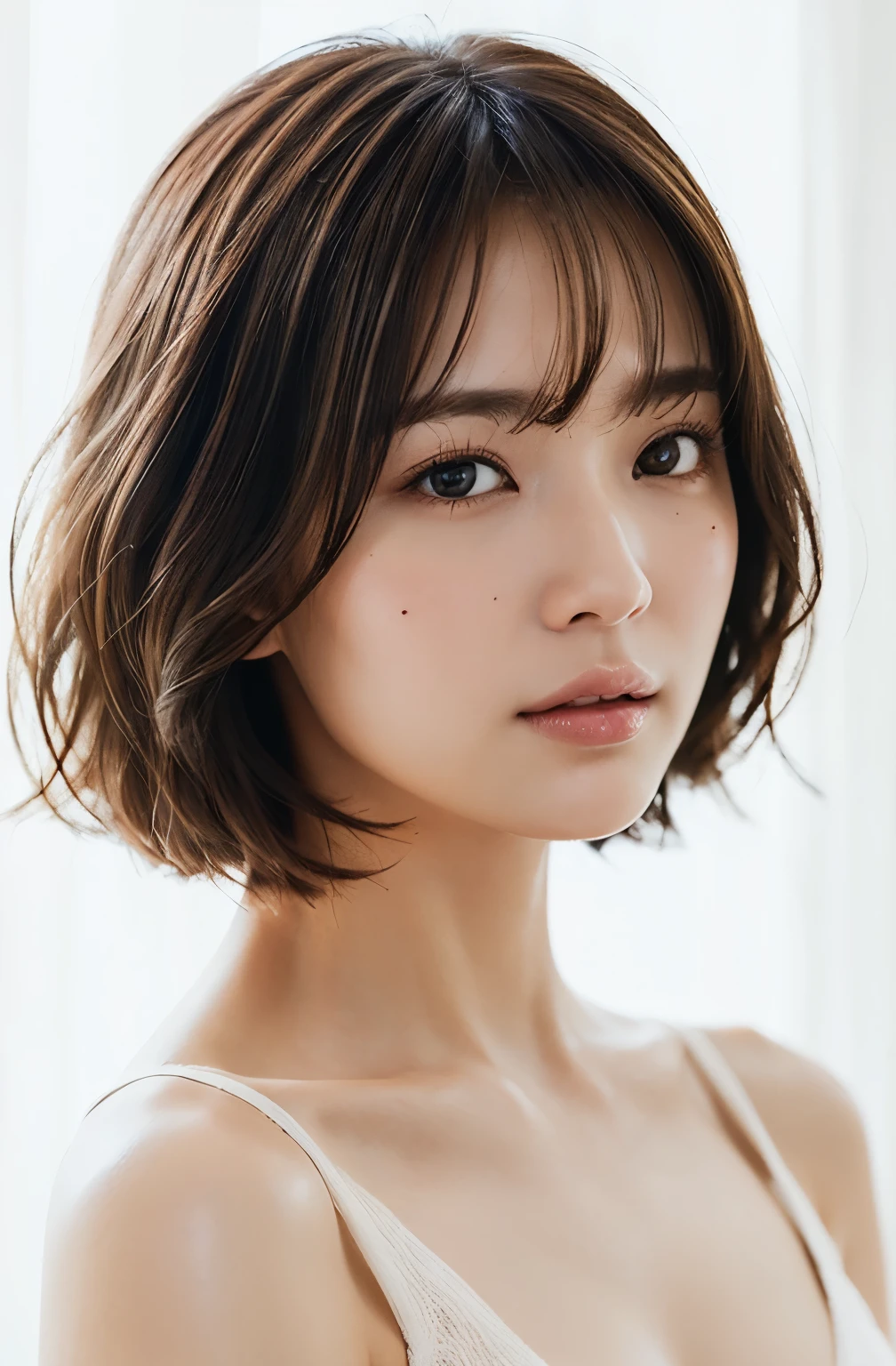((​masterpiece:1.4、top-quality))、(photographrealistic:1.4)、profetional lighting、physically-based renderingt,Cowboy Shot,Short hair、layers-Cut、A dark-haired、extra detailed face、Detailed skin、mole:0.3、(Women in Japan:1.05)、age 30s、thin bunches of bangs、knit、White Room、white walls、Bright lighting