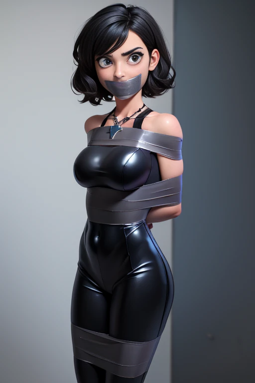 absurdres, 8k, 4k, masterpiece, hyper extreme detailed:1.2), best quality, expressive eyes, highres, perfect eyes, 1girl, perfect face, perfect hands,short Hair, Black hair, large bust, crazy face, crazy eyes, crazy smile, gothic, cross necklace, black catsuit, latex pants, curious, half body, adult, bound, bondage, (arms behind back:1.4), bdsm, tape gag, tape, tape bondage, restrained, tape wrapped, wrap gag, bondage, taped wrists, taped breasts, taped mouth, taped elbows, taped forearms, standing up,