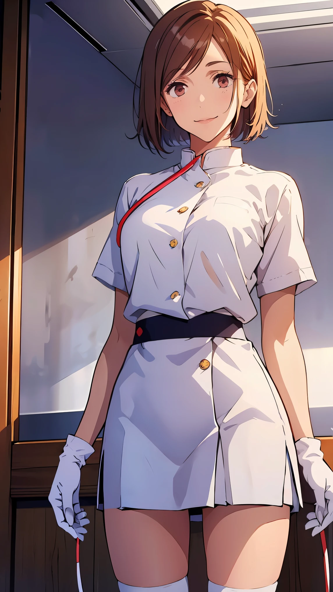 Girl1,Nurse, wearing white, ((white legs, Zetai Ryuki)), white gloves, standing, ((hospital room)), short sleeves,seductive smile,Eyes droop,Sharp outline,super detail,high quality,high details,best quality,1080P