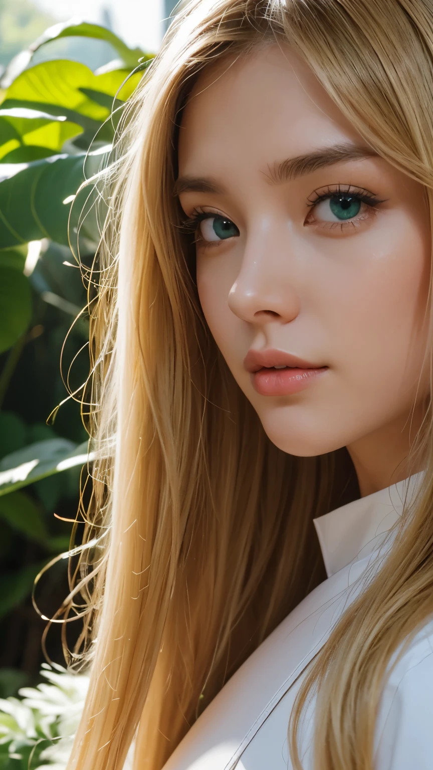 Strong light, Strong contrast, In an open-roofed cave、Sunlight shines through green moss and ferns。, And open( Sea view:1.1) The bottom, Cel-shaded rendering, 4K, 360 degrees, Equirectangular projection, what, 1girl, Woman in her 30s、A beautiful woman、long blonde hair、White latex leotard、White long boots、white arm cover、masterpiece, 最high quality, high quality, High resolution, (((Face close-up)))