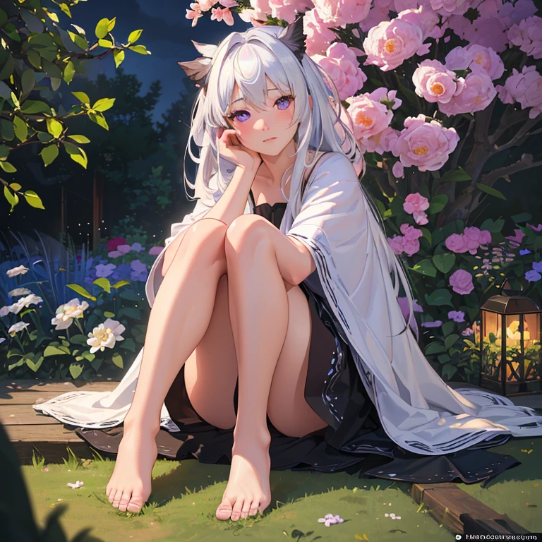 (best quality,4k,8k,highres,masterpiece:1.2),ultra-detailed,(realistic,photorealistic,photo-realistic:1.37),illustration,soft lighting,a girl with white hair,deep purple eyes,glowing eyes,sitting down,barefoot,face blushing,in a garden at night,flowers.