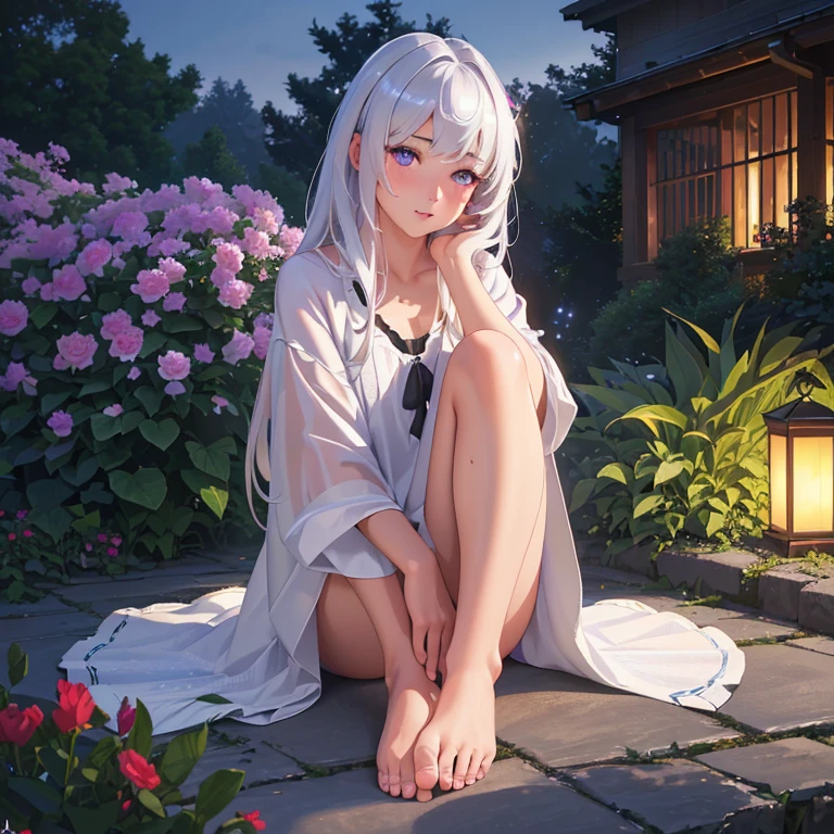 (best quality,4k,8k,highres,masterpiece:1.2),ultra-detailed,(realistic,photorealistic,photo-realistic:1.37),illustration,soft lighting,a girl with white hair,deep purple eyes,glowing eyes,sitting down,barefoot,face blushing,in a garden at night,flowers.