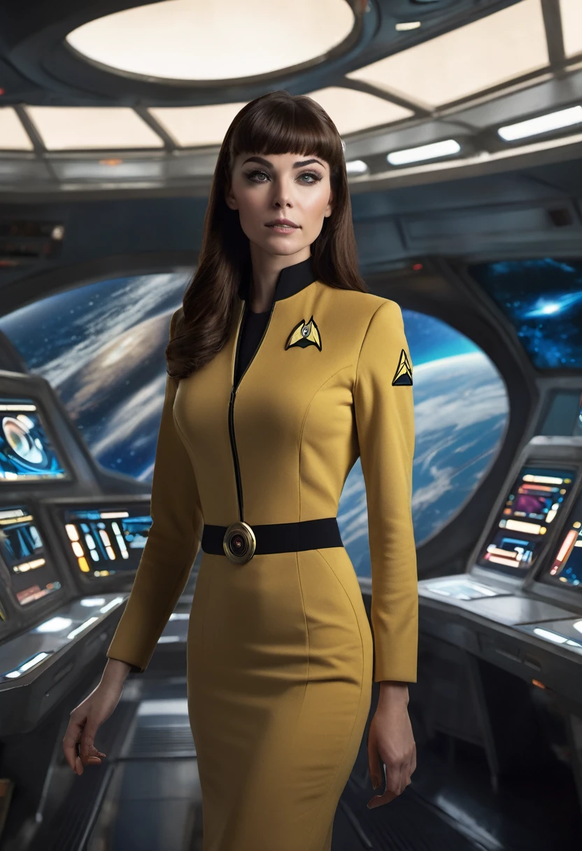 blunt bangs, Futurism, chiaroscuro, cinematic lighting, ray tracing, reflection light, blending, Fujicolor, first-person view, multiple views, dutch angle, wide shot, atmospheric perspective, best quality, highres, 1080P, retina, masterpiece, anatomically correct, textured skin, super detail, three sided view, (((whole person: 1.5))), 28-year old Female starship Enterprise captain stands on the Enterprise bridge and commands her starship crew, in the background large window with another starship firing on the Enterprise, short shiny captain uniform dress. Boots belt with weapon, computer consoles, screens, buttons, switches, touch screen, several crew members on the bridge, ((Starship Enterprise insignia on the chest: 1.4)), Short tight uniform dress with deep V-neck, (((Large spaceship bridge with several crew members on the bridge: 1.5))), (((heavily made up, long eyelashes, long fingernails: 1.2))), commanding posture, shiny Pantyhose, shiny lacquer sheath uniform dress