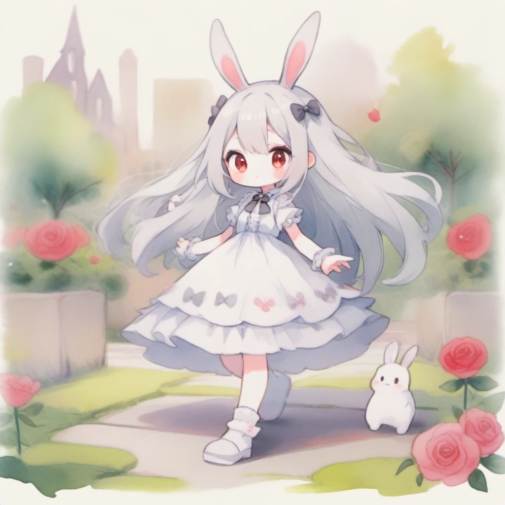 create(Watercolor:2.0),(3D,3D Art),#quality(8k,Highly detailed CG unit wallpaper, masterpiece,High resolution,top-quality,top-quality real texture skin,Surreal,Increase the resolution,RAW Photos,highest quality,Very detailed,wallpaper),(((alone))),#1 rabbit girl(Little,3D Art,cute,cute,Small ,Gray Hair:2.0,Long Hair:1.6,Bunny ears:2.0,Bunny ears is white,long white dress with frills,Red eyes,Big eyes,skin color is white,Big hair bow,walking),#background(outside,In the rose garden,Gothic decoration,,Colorful roses),(3D Art),(When drawing by hand, draw accurately),