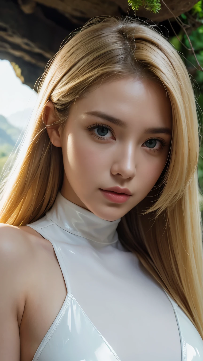 Strong light, Strong contrast, In an open-roofed cave、Sunlight shines through green moss and ferns。, And open( Sea view:1.1) The bottom, Cel-shaded rendering, 4K, 360 degrees, Equirectangular projection, what, 1girl, Woman in her 30s、A beautiful woman、long blonde hair、White latex leotard、White long boots、white arm cover、masterpiece, 最high quality, high quality, High resolution, (((Face close-up)))