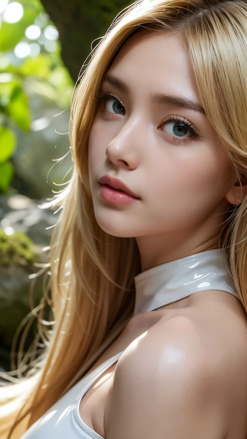 Strong light, Strong contrast, In an open-roofed cave、Sunlight shines through green moss and ferns。, And open( Sea view:1.1) The bottom, Cel-shaded rendering, 4K, 360 degrees, Equirectangular projection, what, 1girl, Woman in her 30s、A beautiful woman、long blonde hair、White latex leotard、White long boots、white arm cover、masterpiece, 最high quality, high quality, High resolution, (((Face close-up)))