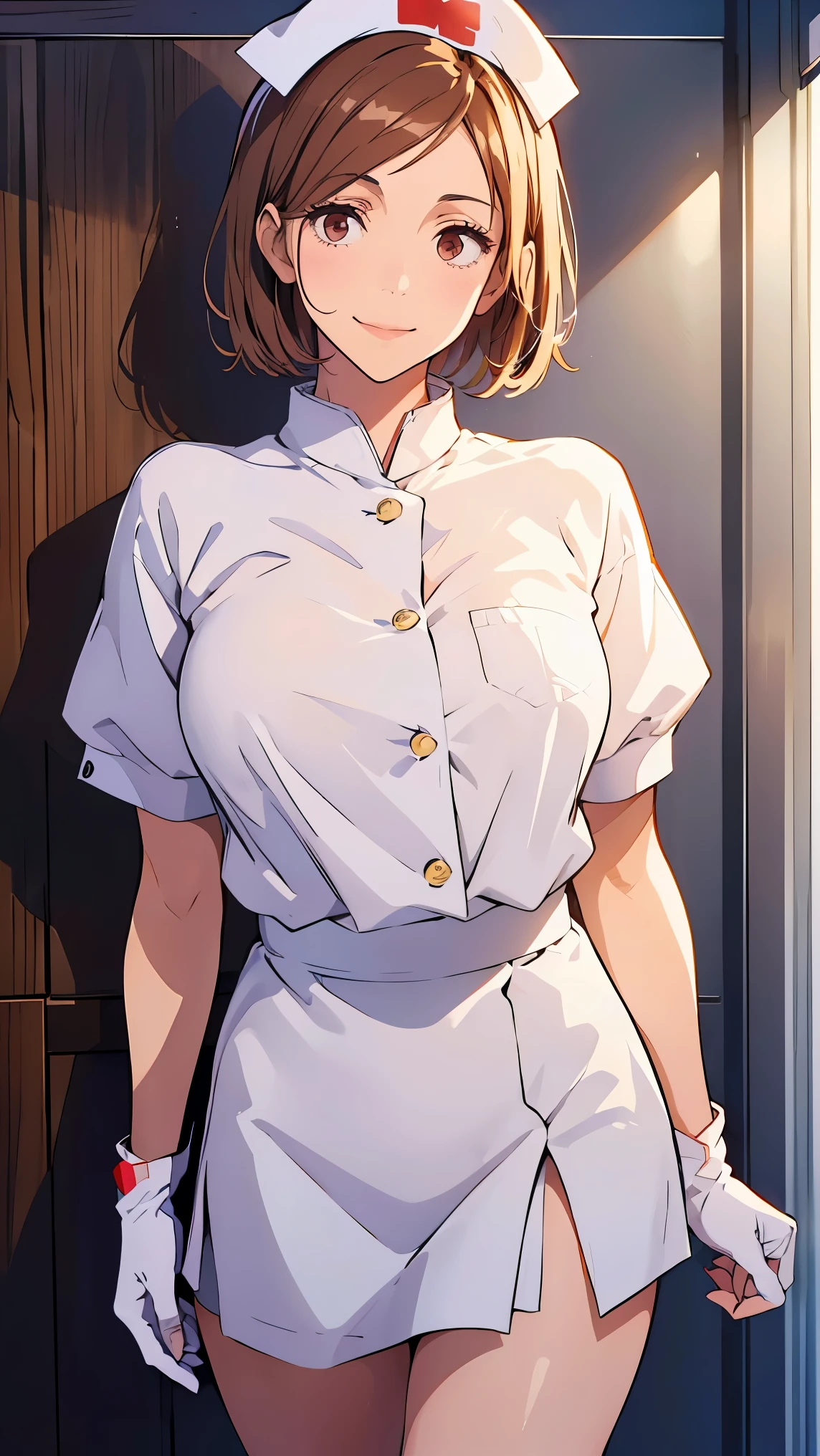 Girl1,Nurse, wearing white, ((nurse cap,white legs, Zetai Ryuki)), white gloves, standing, ((hospital room)), short sleeves,seductive smile,Eyes droop,Sharp outline,super detail,high quality,high details,best quality,1080P